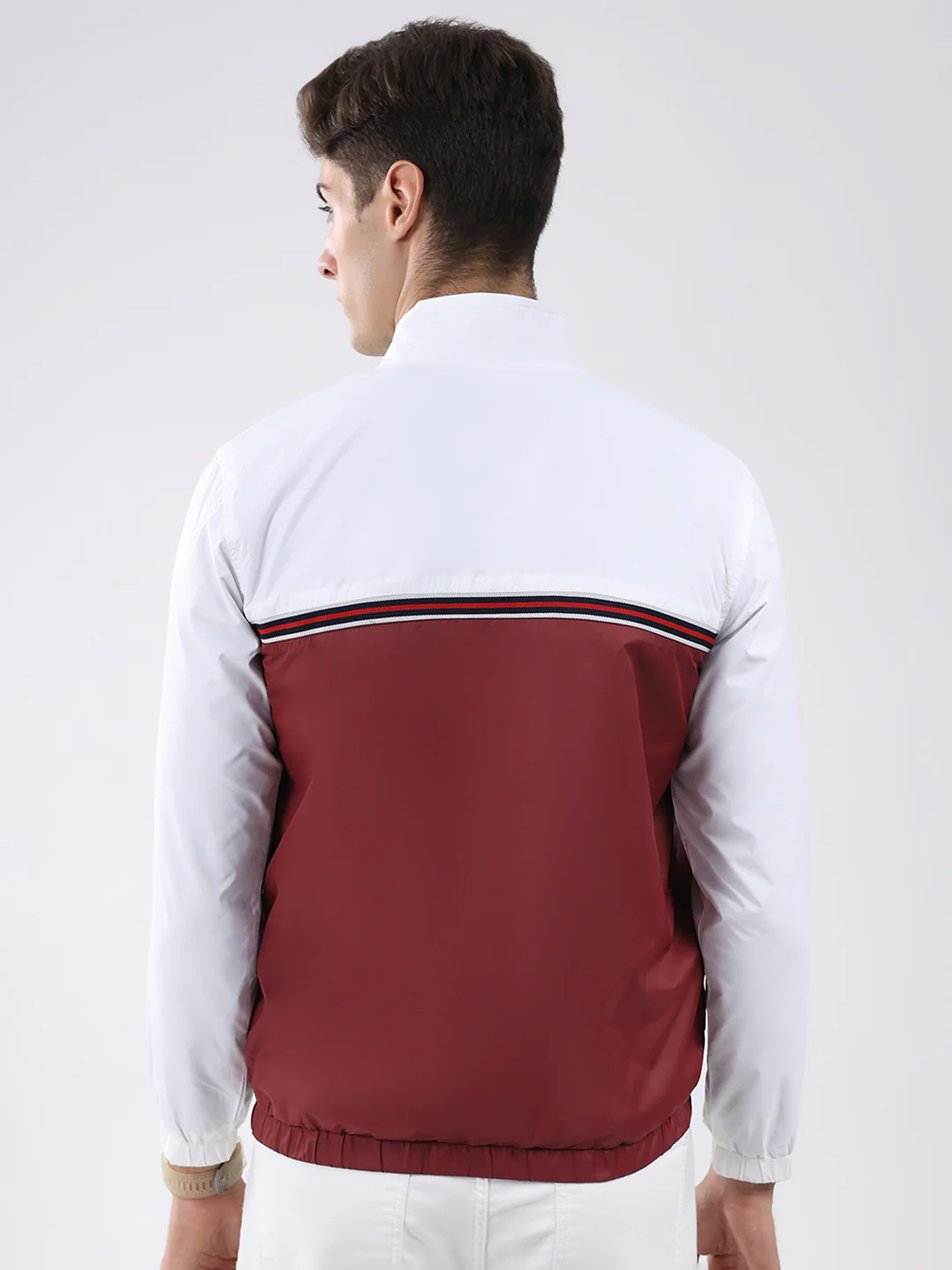 Men Maroon Self Design Stand Collar Full Sleeve Jacket - Image 5
