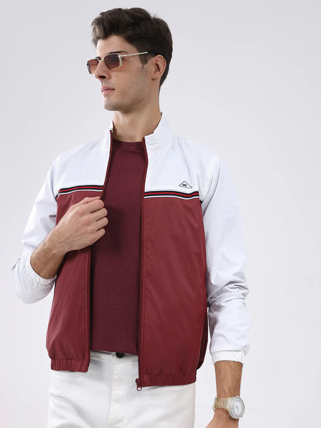 Men Maroon Self Design Stand Collar Full Sleeve Jacket - Image 6