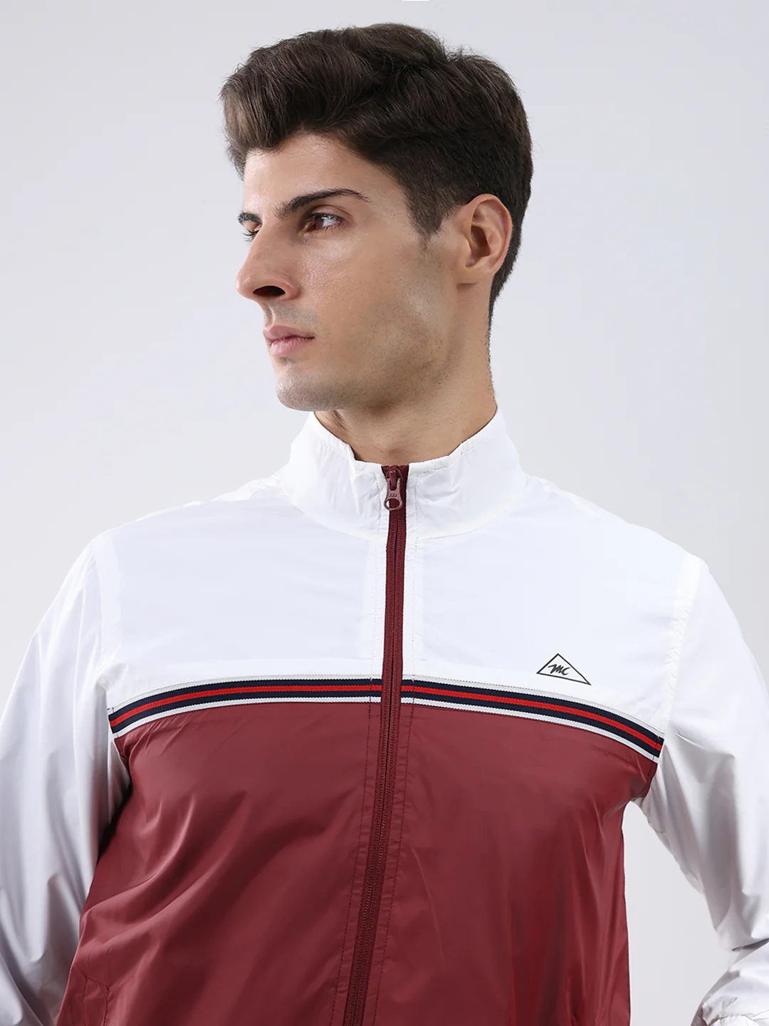 Men Maroon Self Design Stand Collar Full Sleeve Jacket - Image 7