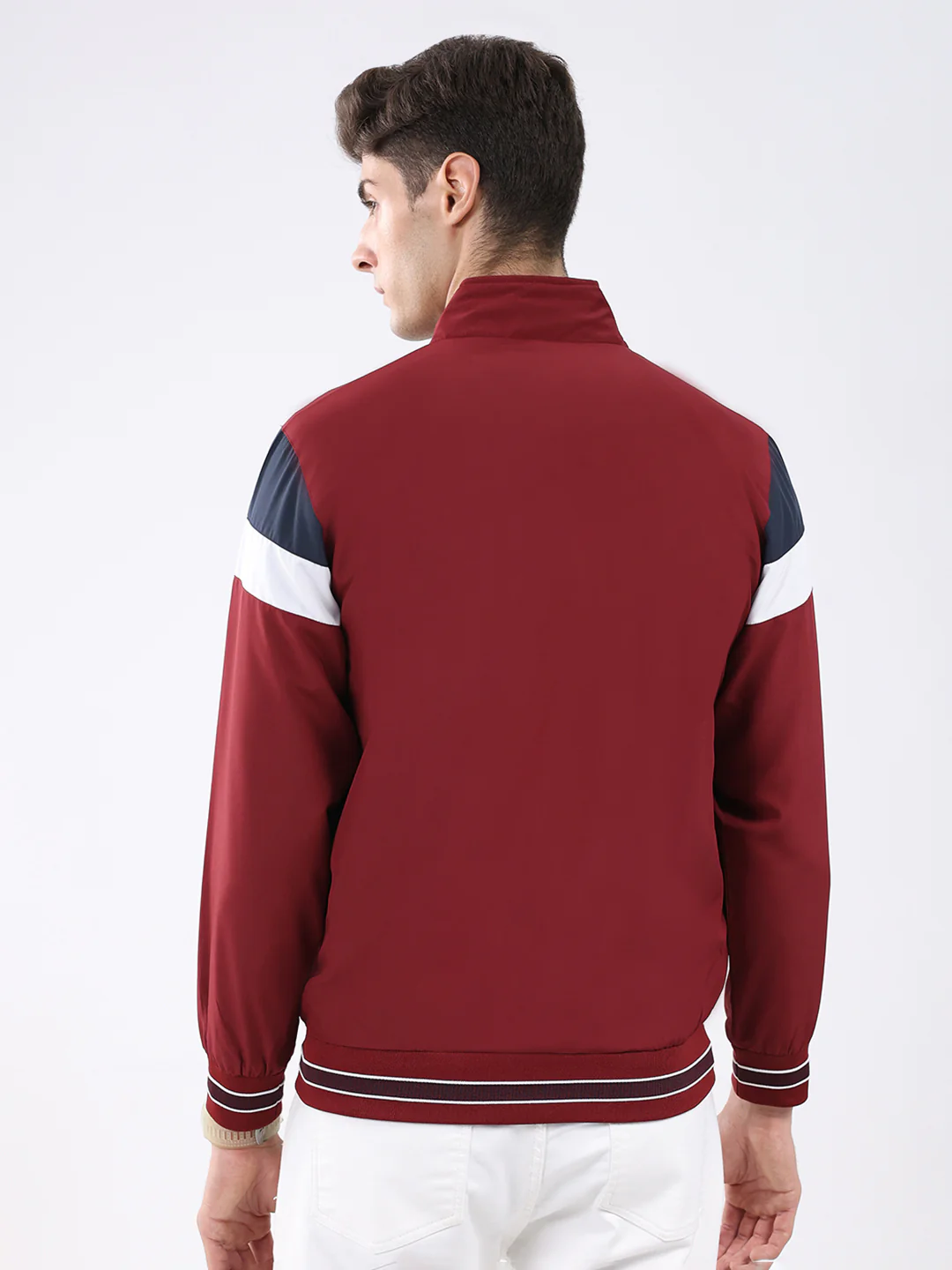 Men Maroon Self Design Stand Collar Full Sleeve Jacket - Image 5