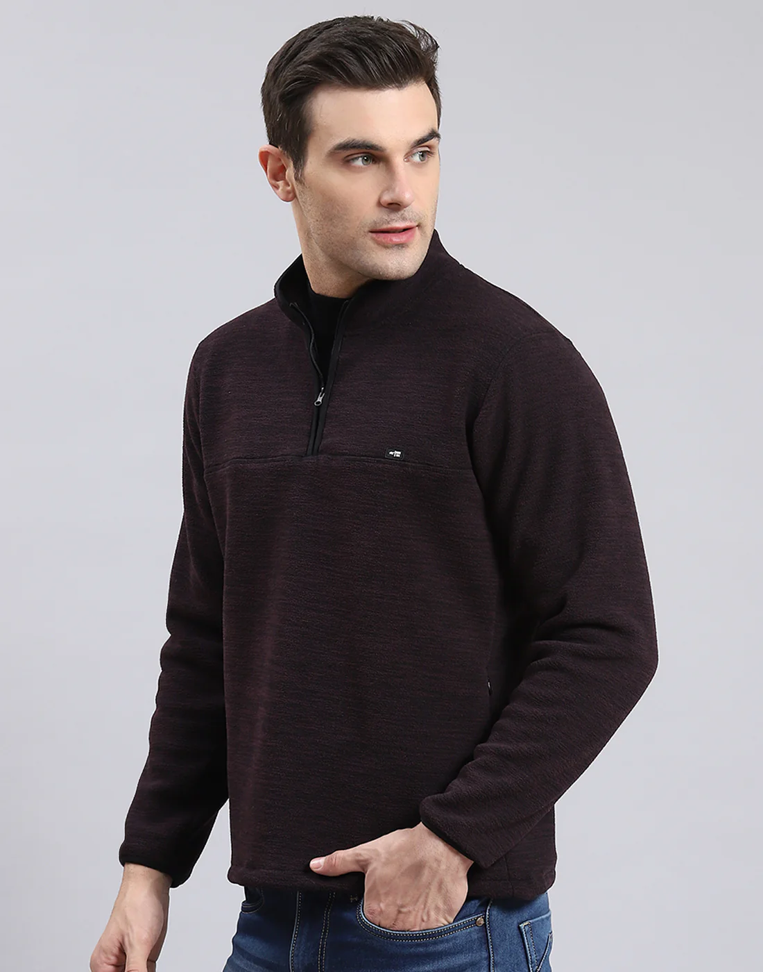 Men Maroon Self Design T Neck Full Sleeve Sweatshirt - Image 4