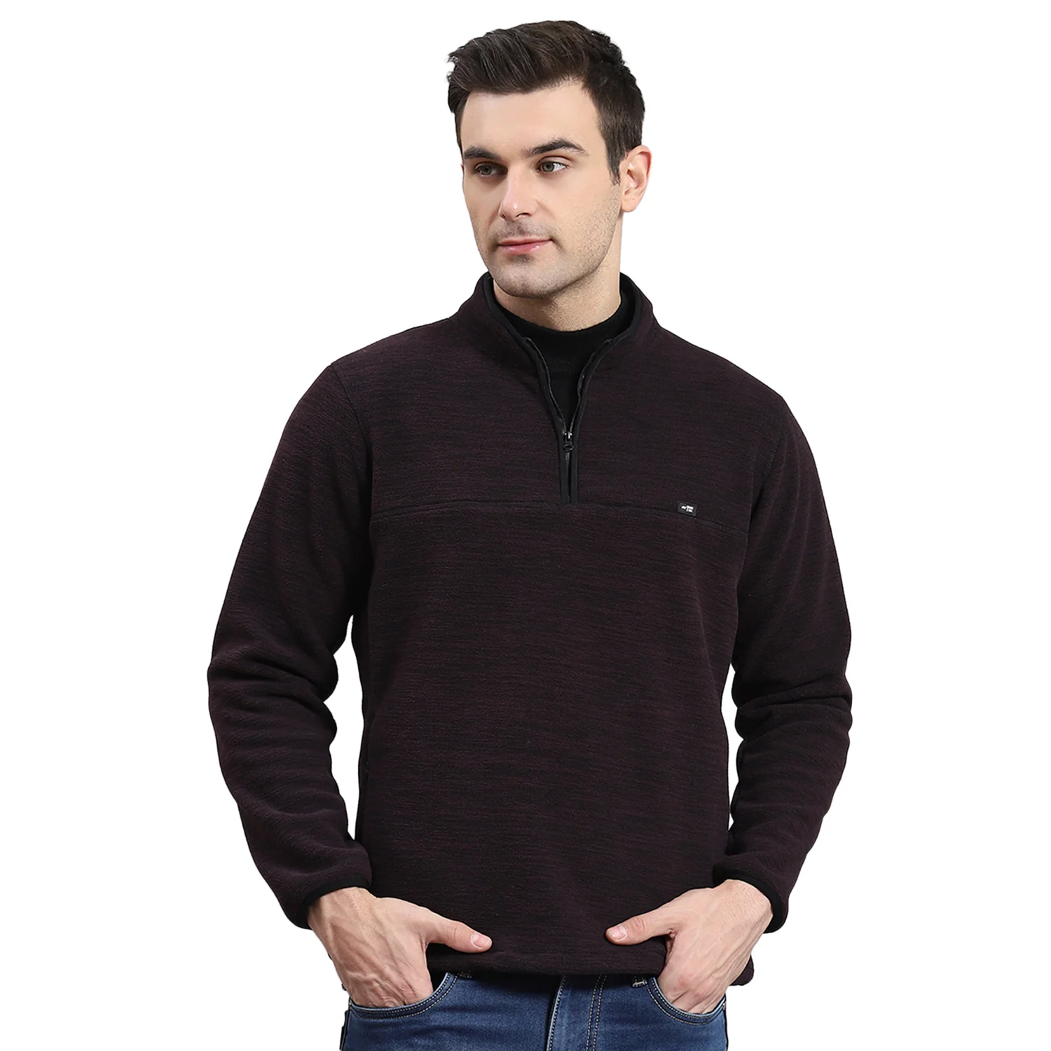 Men Maroon Self Design T Neck Full Sleeve Sweatshirt - Image 5