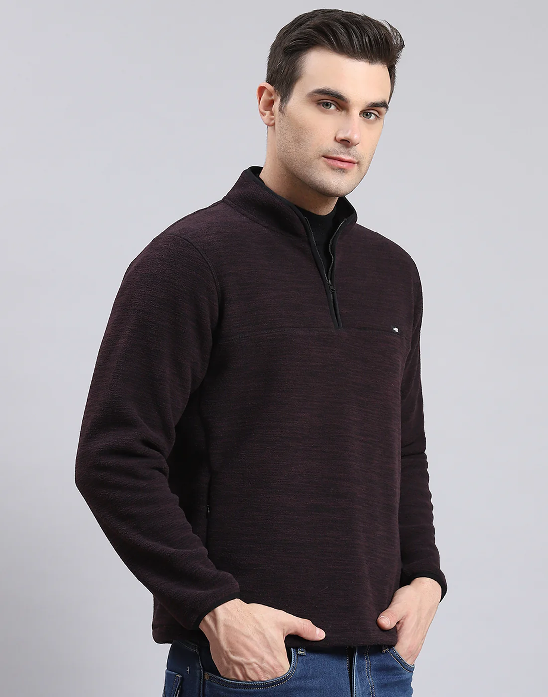 Men Maroon Self Design T Neck Full Sleeve Sweatshirt - Image 6