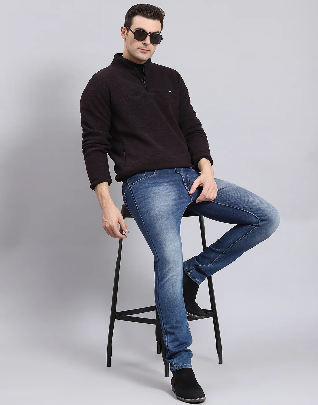 Men Maroon Self Design T Neck Full Sleeve Sweatshirt - Image 7