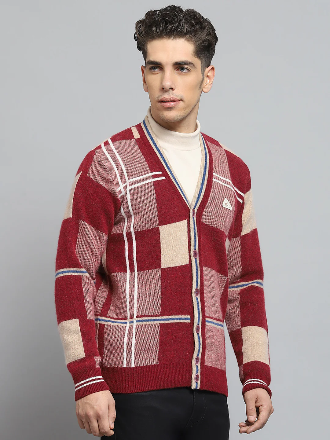 Men Maroon Self Design V Neck Full Sleeve Cardigan - Image 4