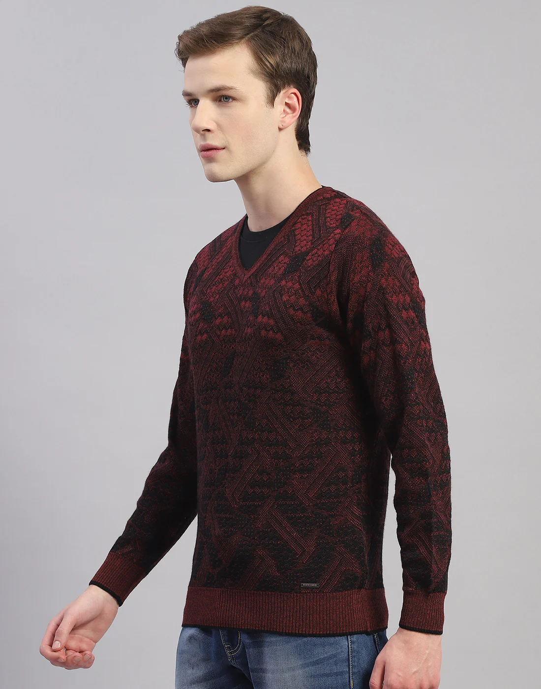 Men Maroon Self Design V Neck Full Sleeve Pullover - Image 3