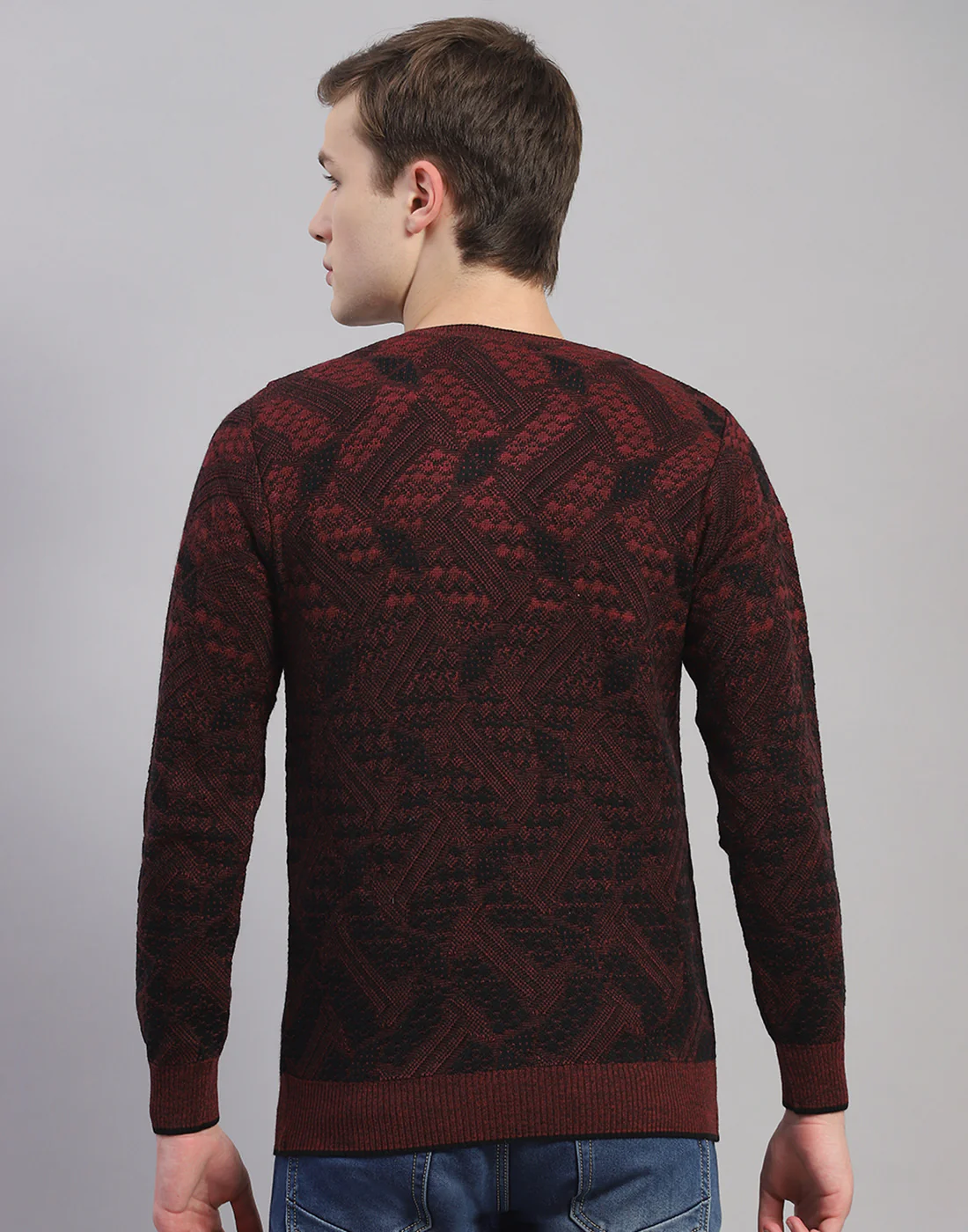 Men Maroon Self Design V Neck Full Sleeve Pullover - Image 5