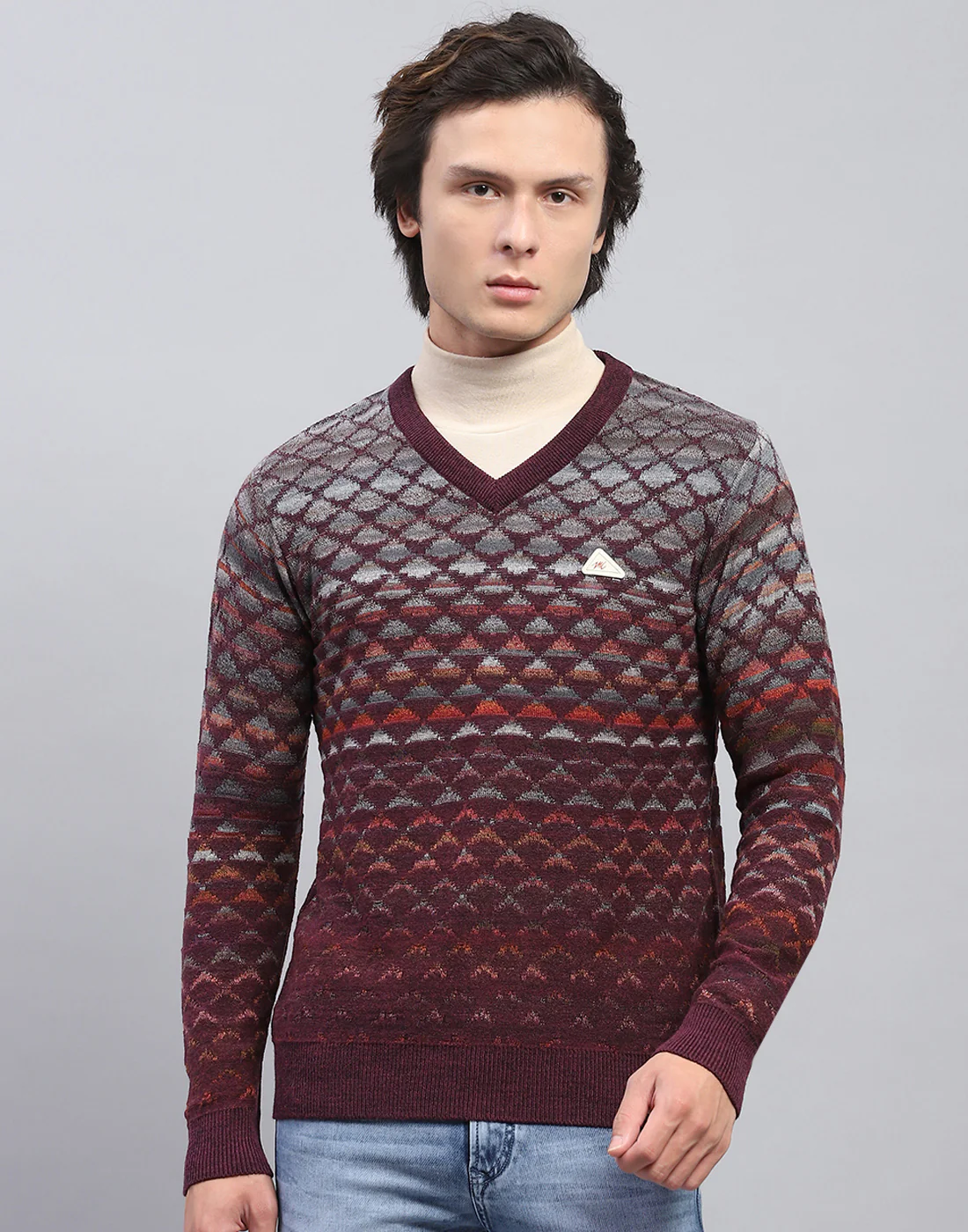 Men Maroon Self Design V Neck Full Sleeve Pullover - Image 2