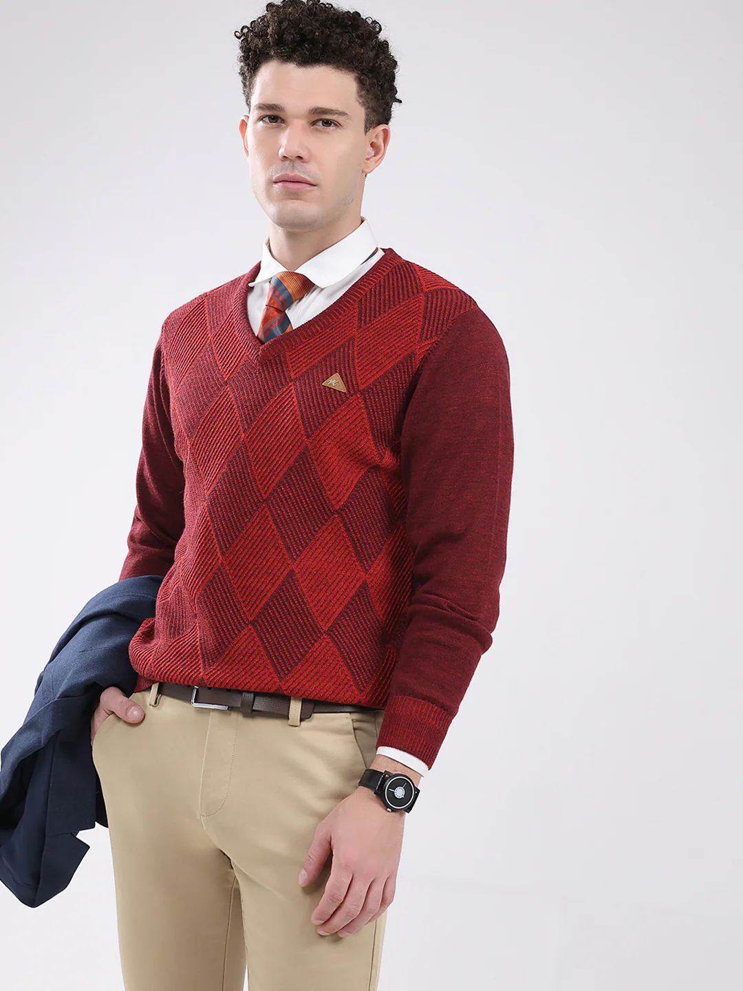 Men Maroon Self Design V Neck Full Sleeve Pullover - Image 6