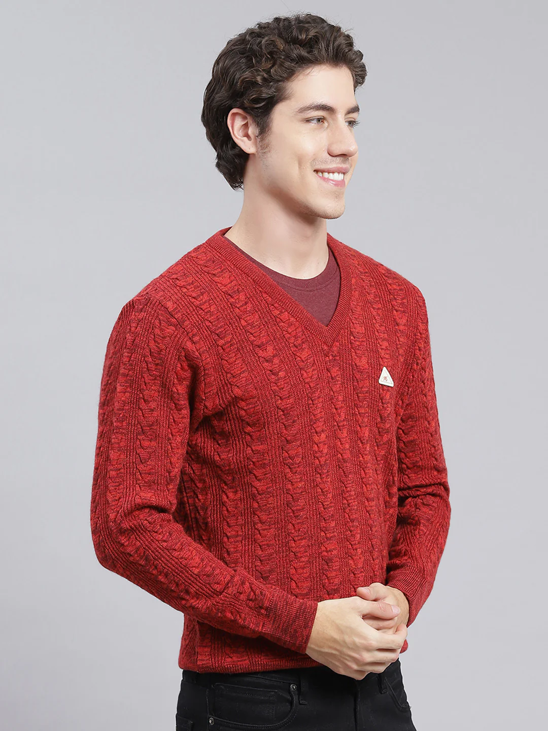Men Maroon Self Design Wool blend Pullover - Image 3