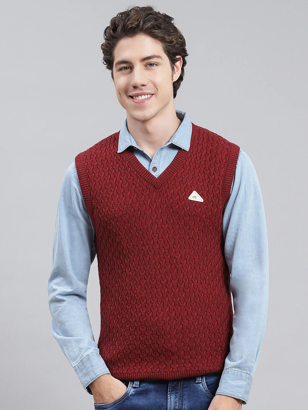 Men Maroon Self Design Wool blend Sweater - Image 2