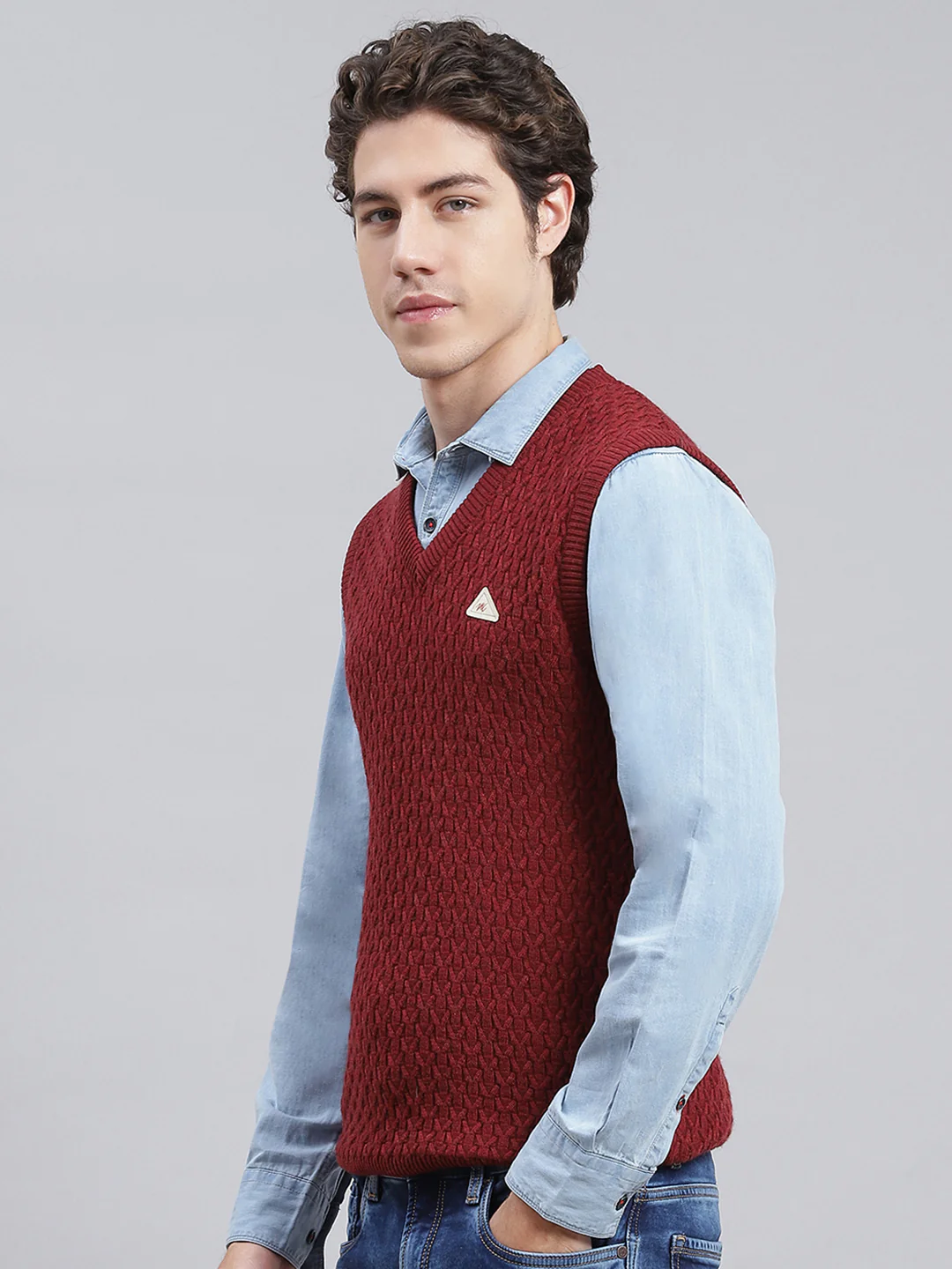 Men Maroon Self Design Wool blend Sweater - Image 4