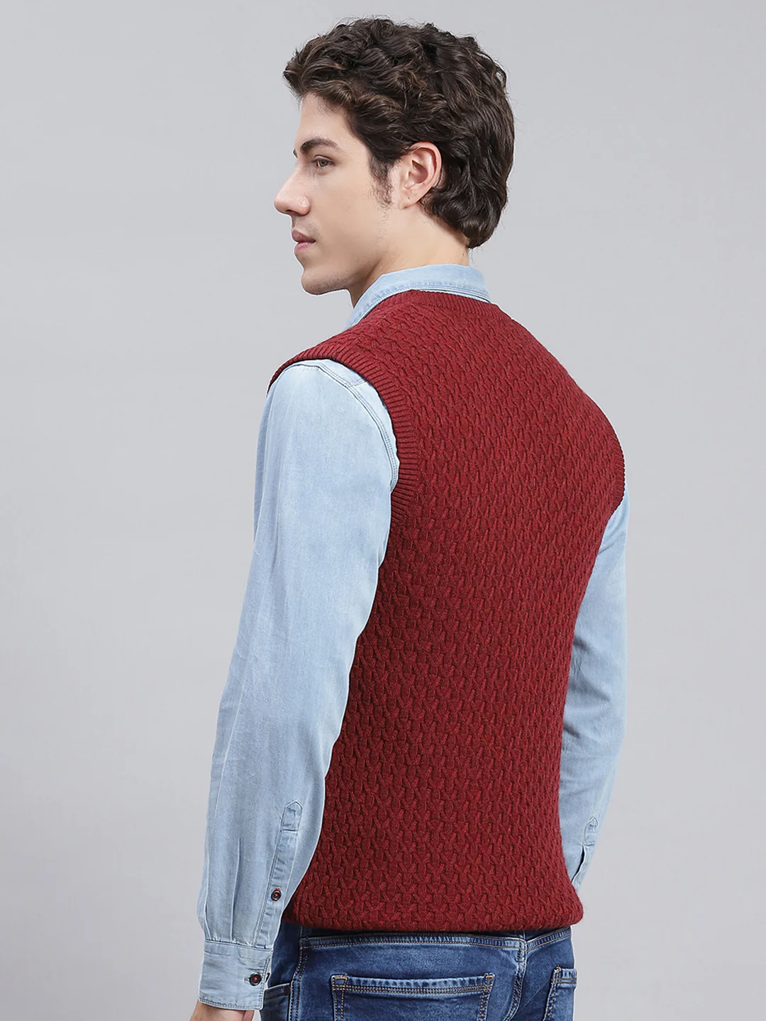 Men Maroon Self Design Wool blend Sweater - Image 5