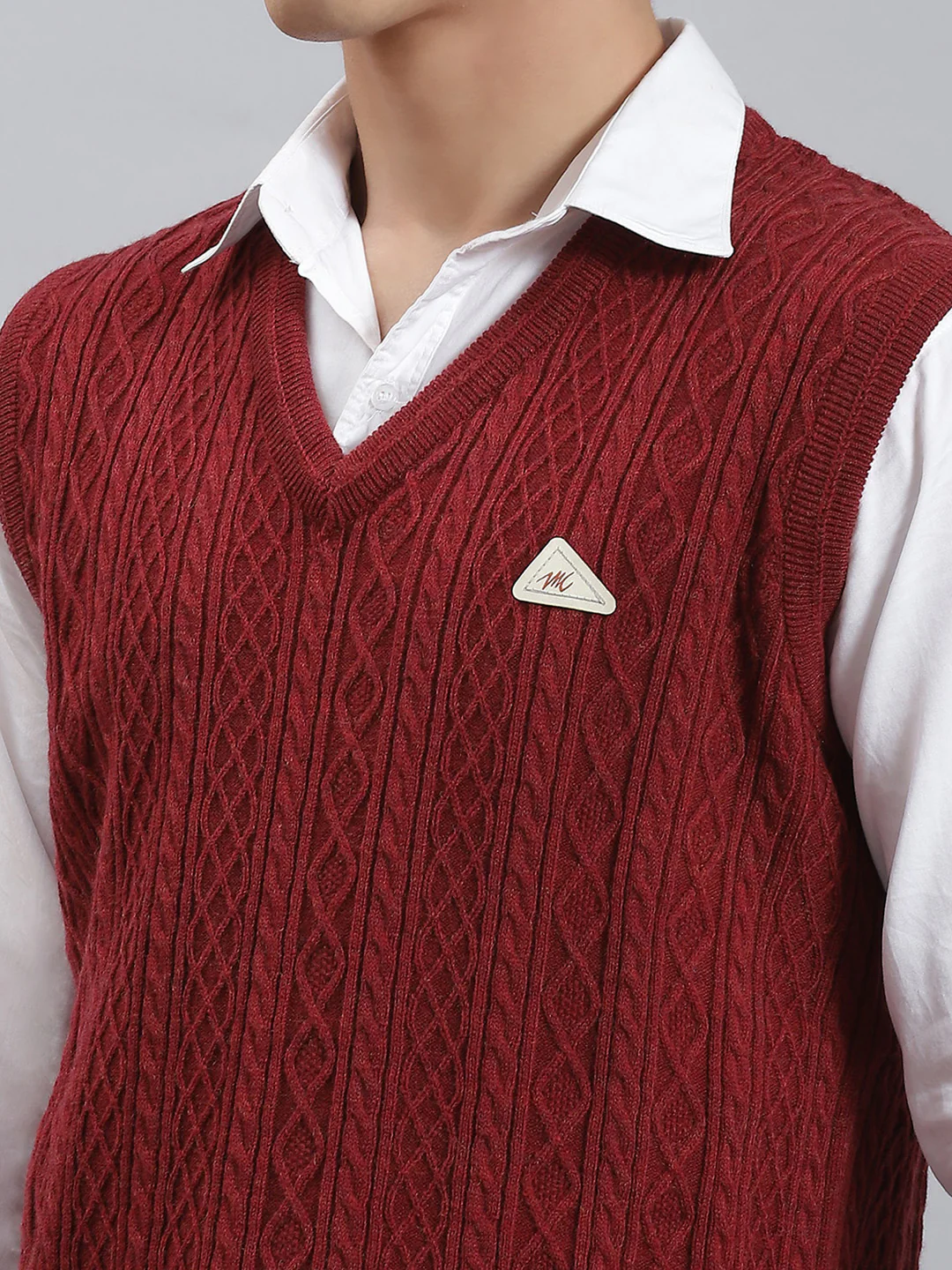 Men Maroon Self Design V Neck Sleeveless Sweaters/Pullovers - Image 6