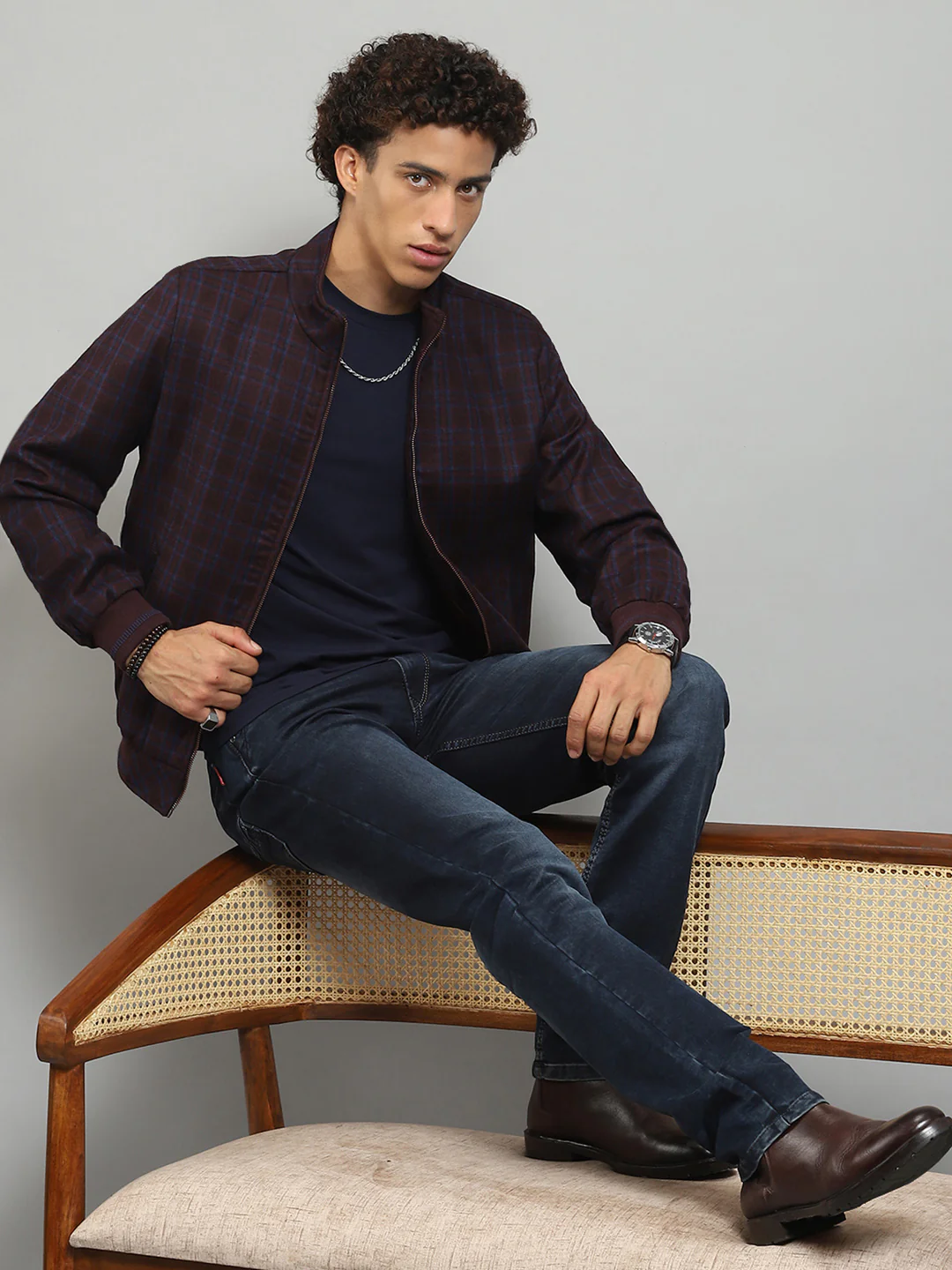 Men Maroon Solid Band Collar Full Sleeve Jacket - Image 2