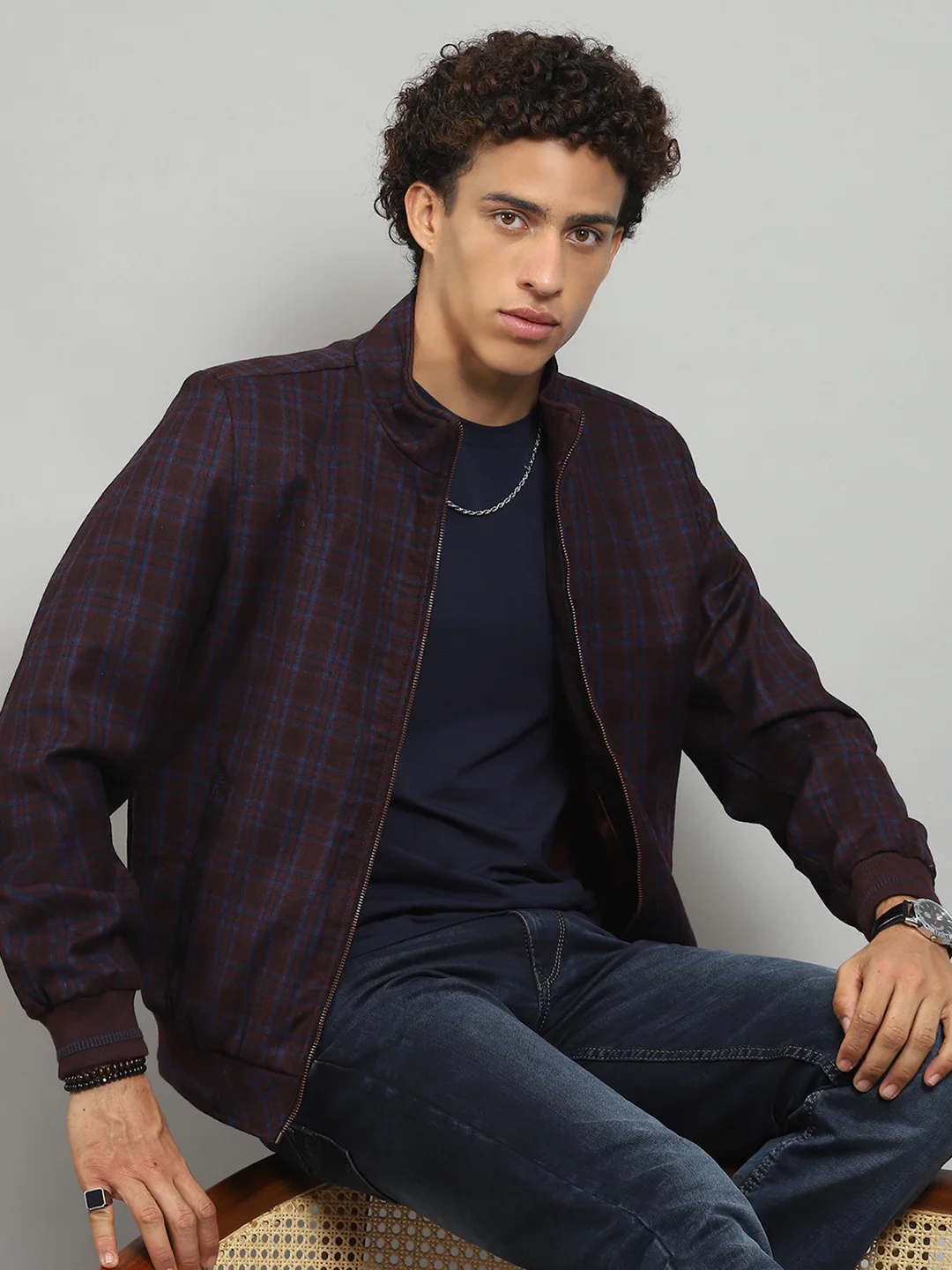 Men Maroon Solid Band Collar Full Sleeve Jacket - Image 6