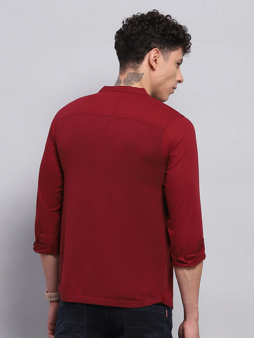 Men Maroon Solid Band Collar Full Sleeve Kurta - Image 5