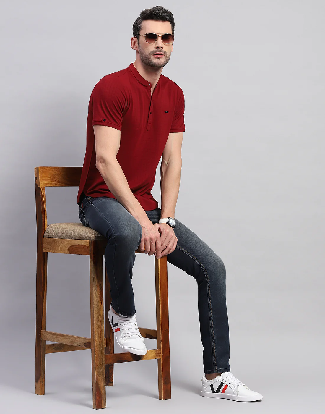 Men Maroon Solid Band Collar Half Sleeve T-Shirt - Image 6