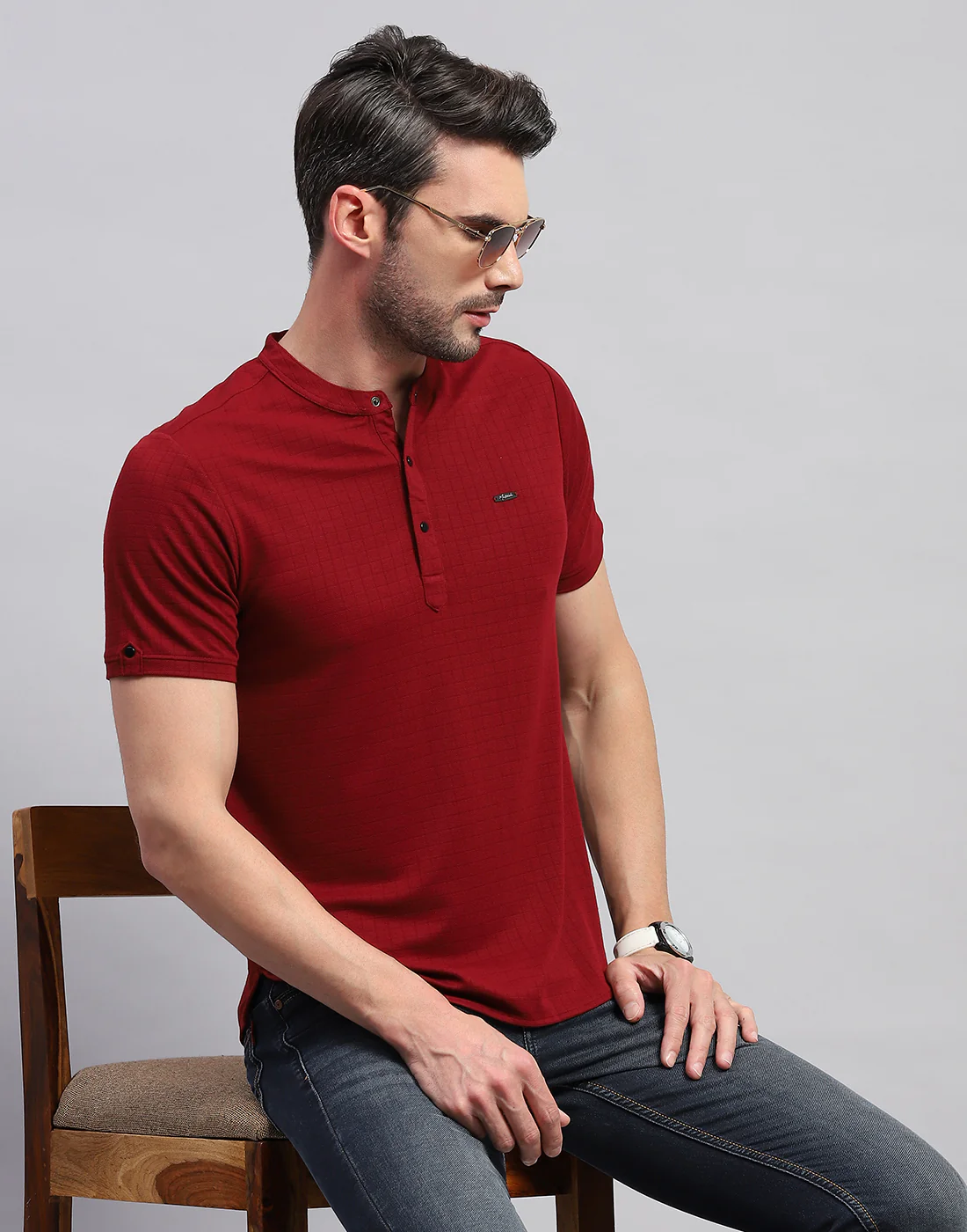 Men Maroon Solid Band Collar Half Sleeve T-Shirt - Image 7