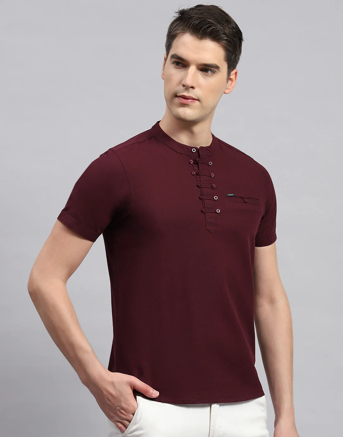 Men Maroon Solid Band Collar Half Sleeve T-Shirt - Image 4