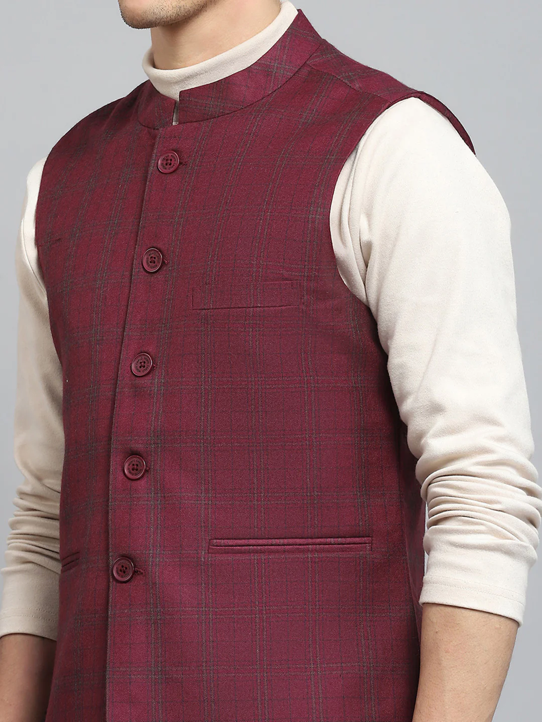Men Maroon Solid Band Collar Sleeveless Jacket - Image 6