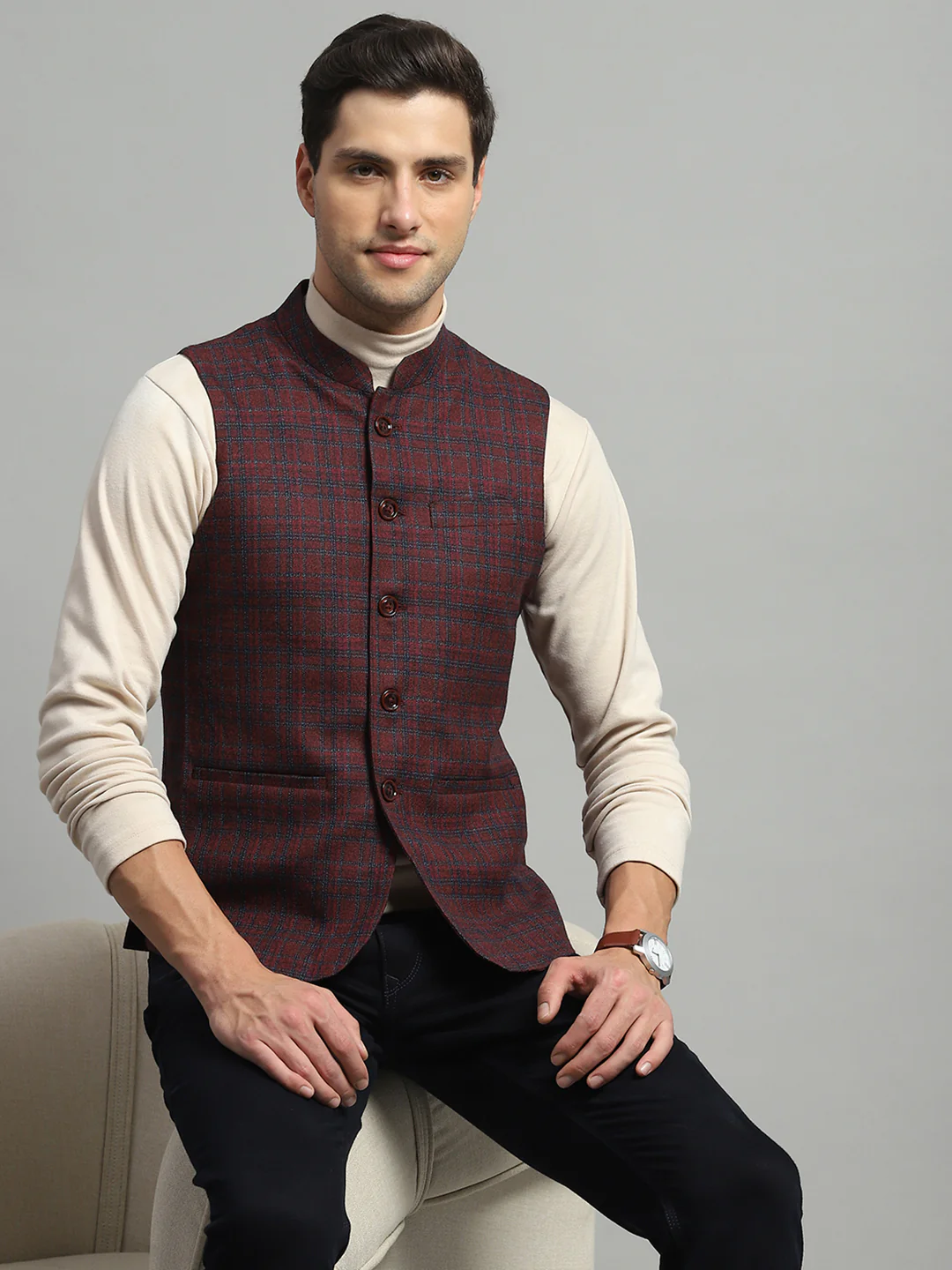 Luxuria Men Maroon Solid Band Collar Sleeveless Jacket - Image 6