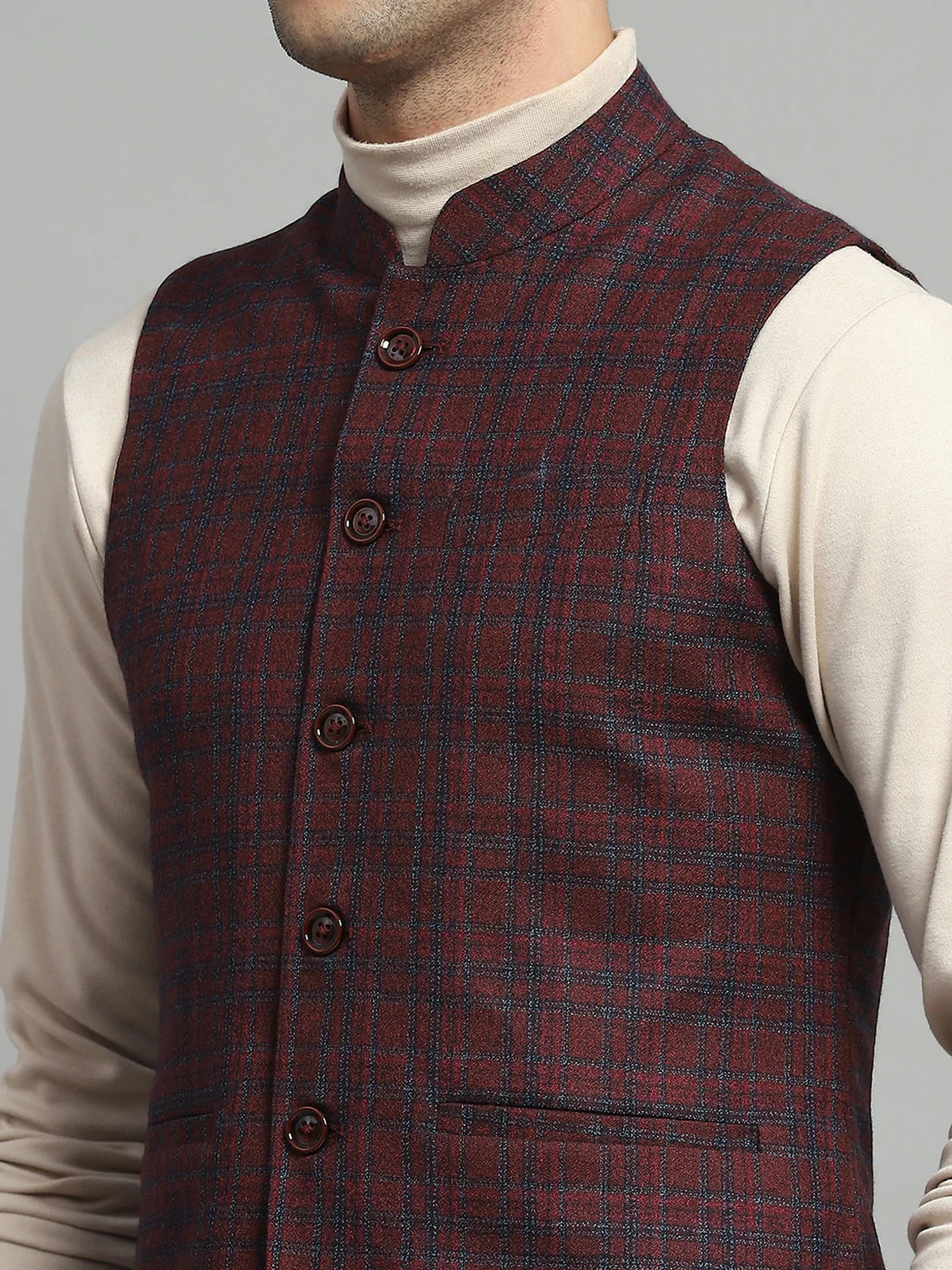 Luxuria Men Maroon Solid Band Collar Sleeveless Jacket - Image 7