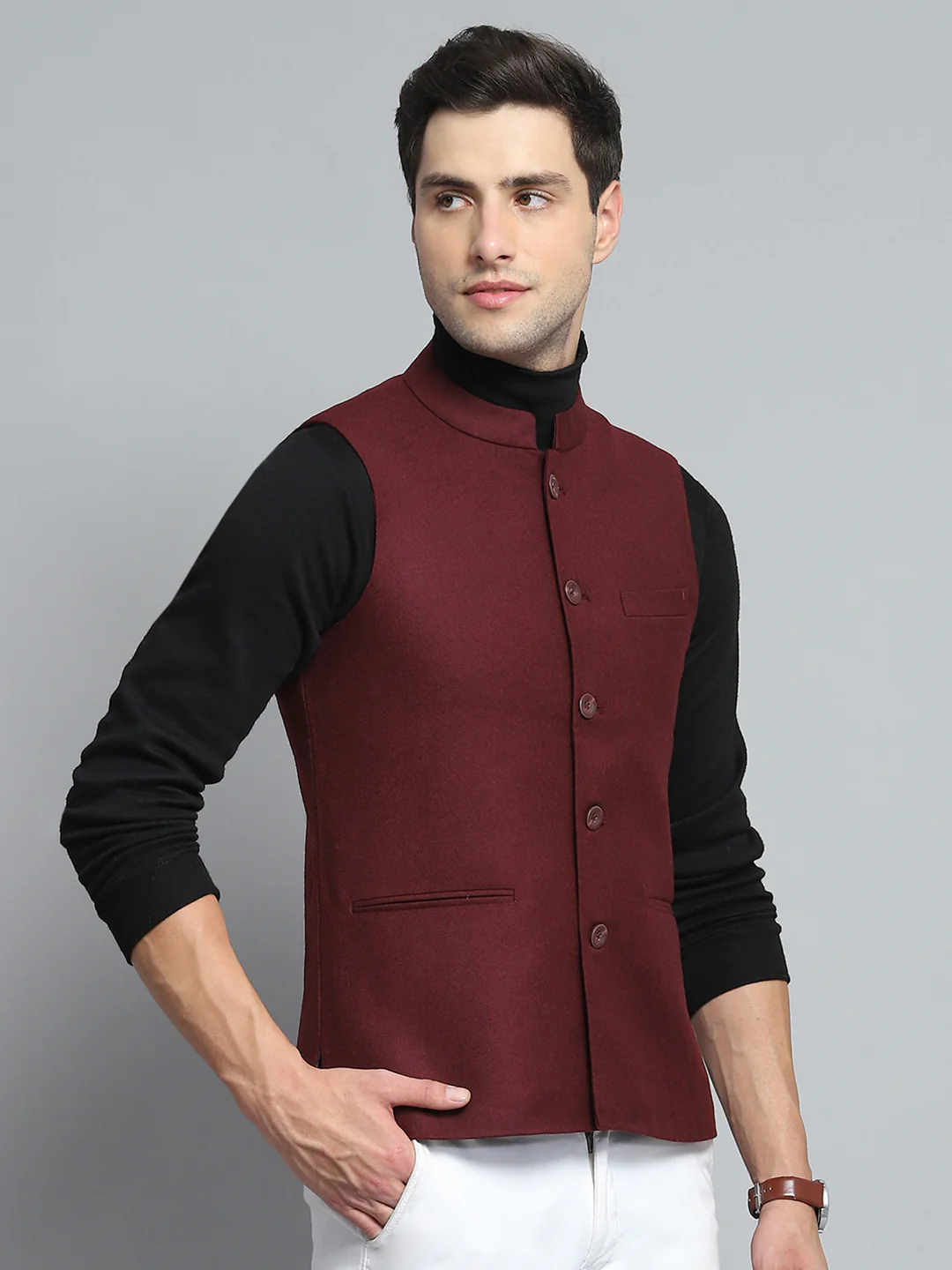 Men Maroon Solid Band Collar Sleeveless Nehru Jacket - Image 4