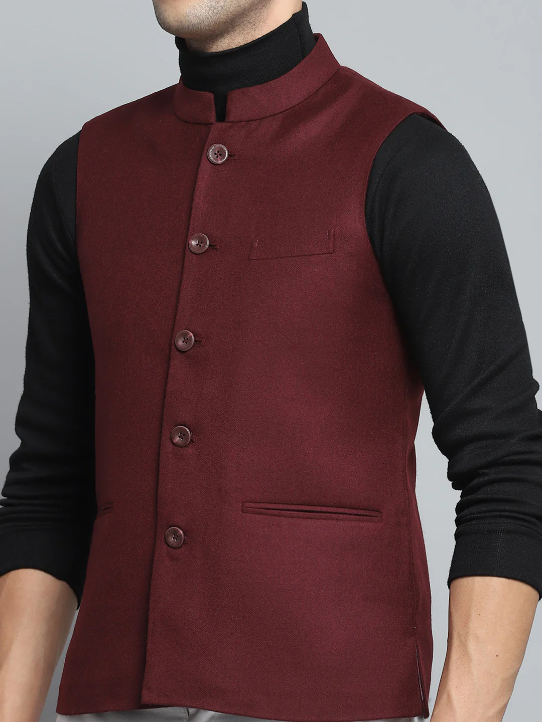 Men Maroon Solid Band Collar Sleeveless Nehru Jacket - Image 6