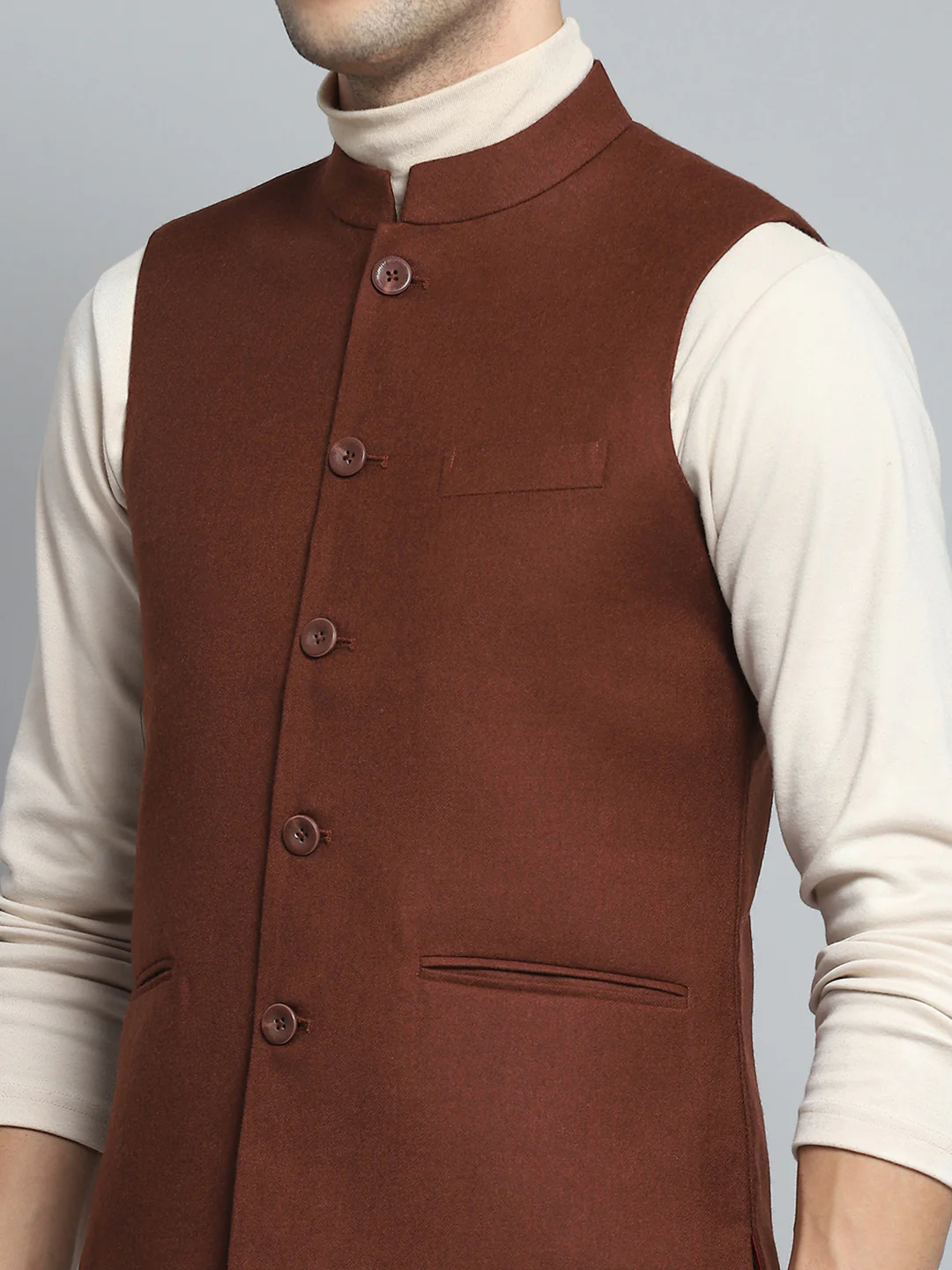 Men Maroon Solid Band Collar Sleeveless Nehru Jacket - Image 6