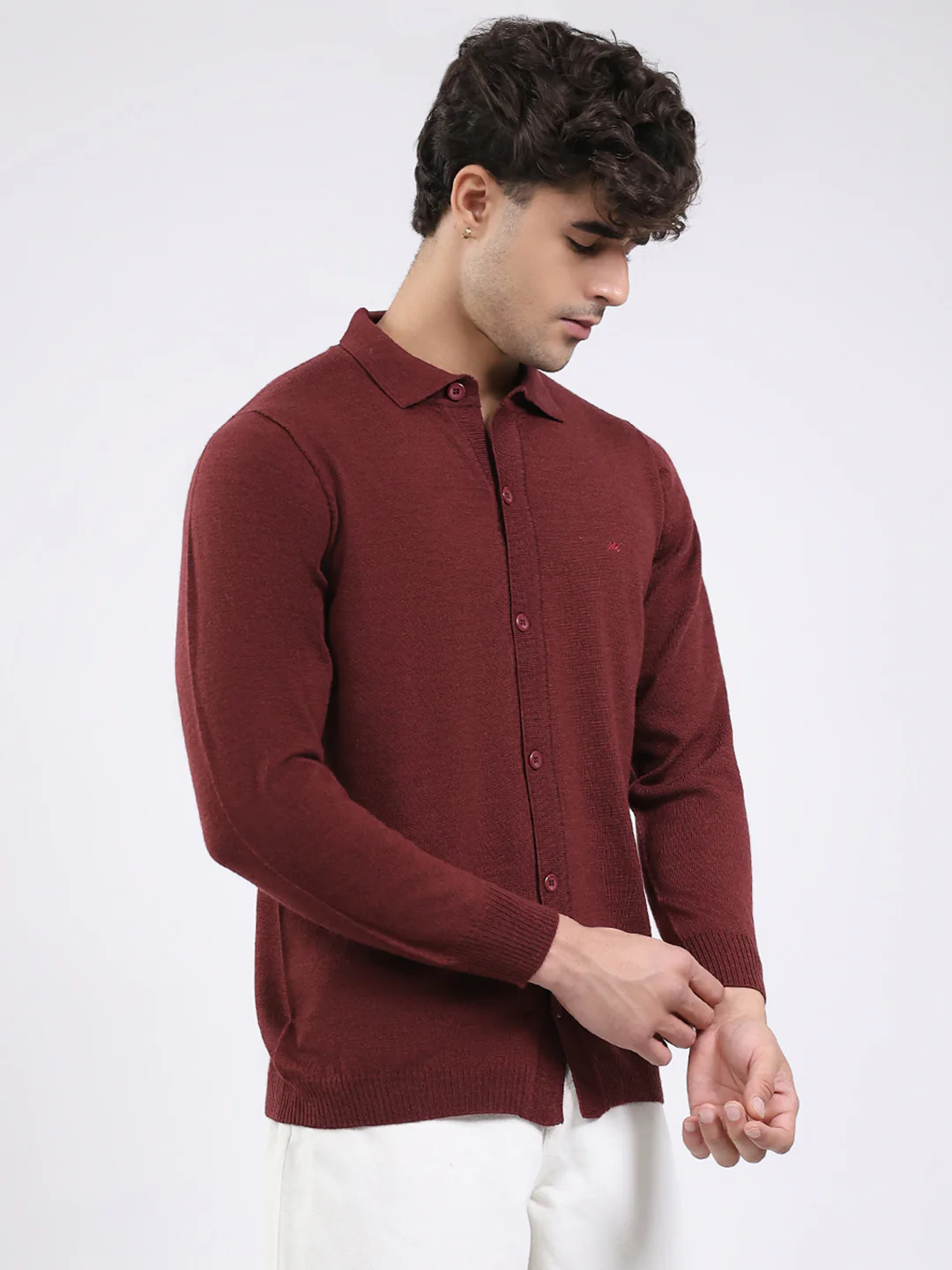 Men Maroon Solid Collar Full Sleeve Shirt - Image 4