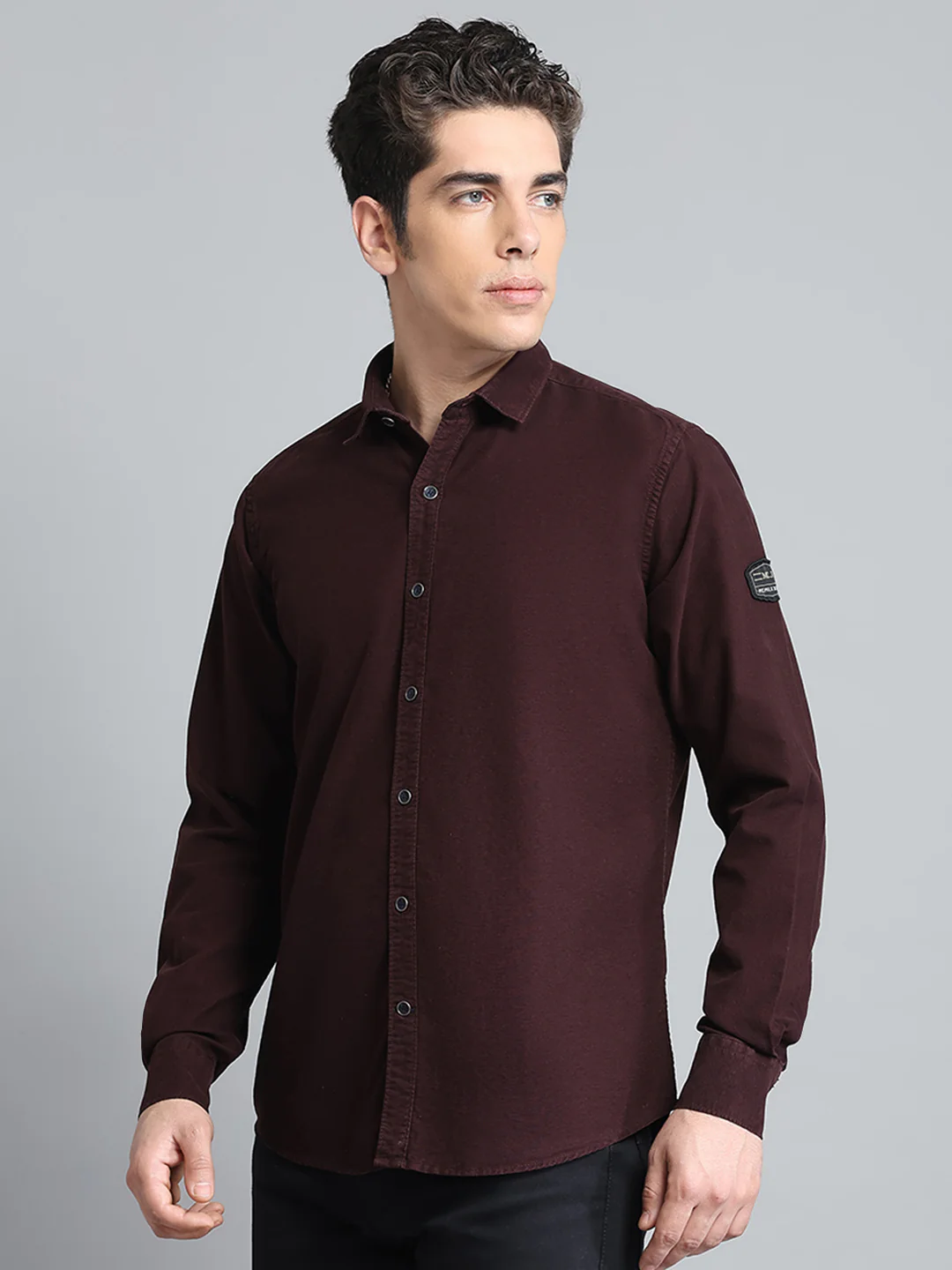 Men Maroon Solid Collar Full Sleeve Shirt - Image 3