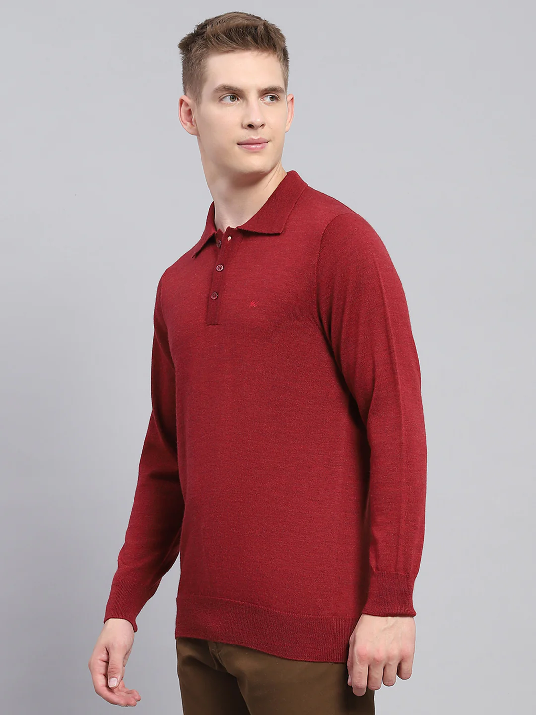 Men Maroon Solid Collar Full Sleeve Winter T-Shirt - Image 3