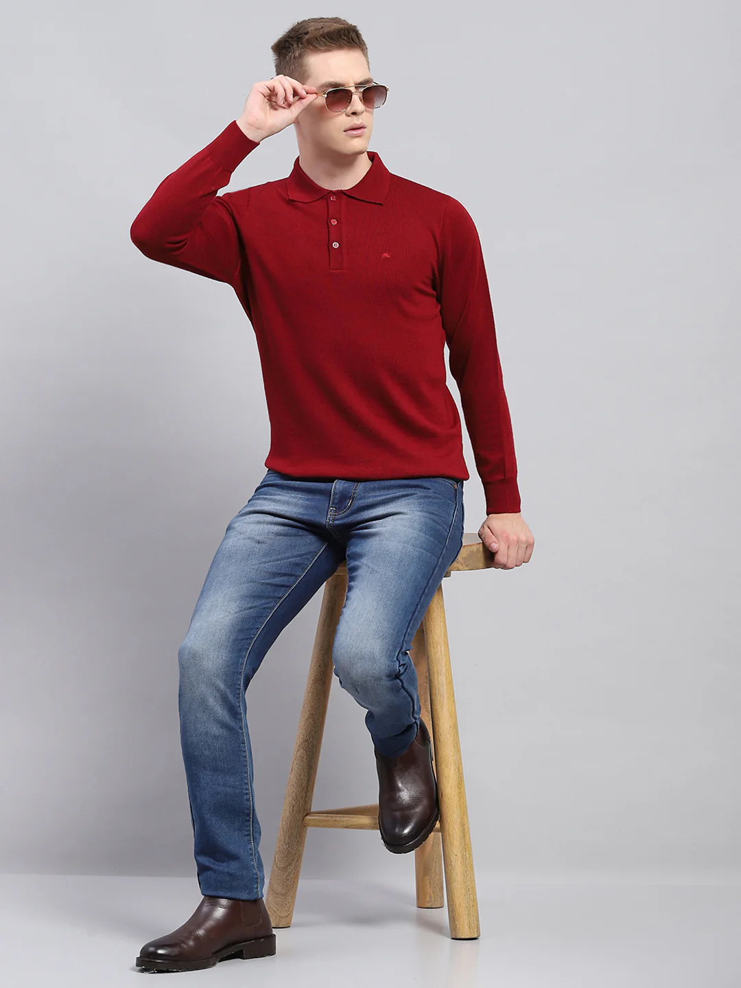 Men Maroon Solid Collar Full Sleeve Winter T-Shirt - Image 2