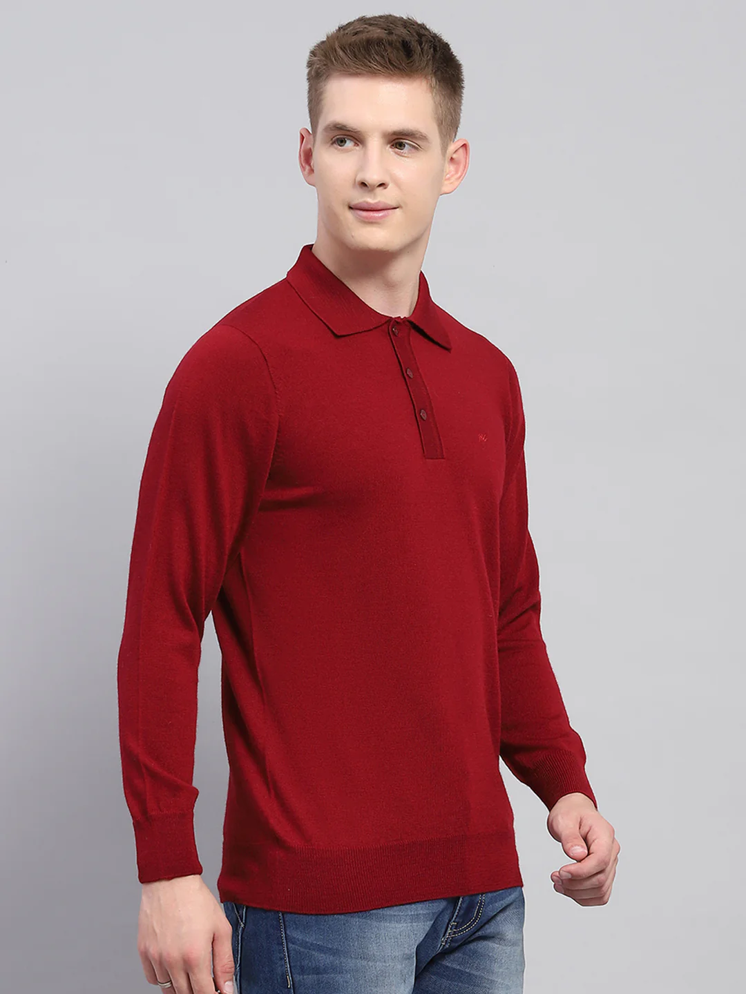 Men Maroon Solid Collar Full Sleeve Winter T-Shirt - Image 4
