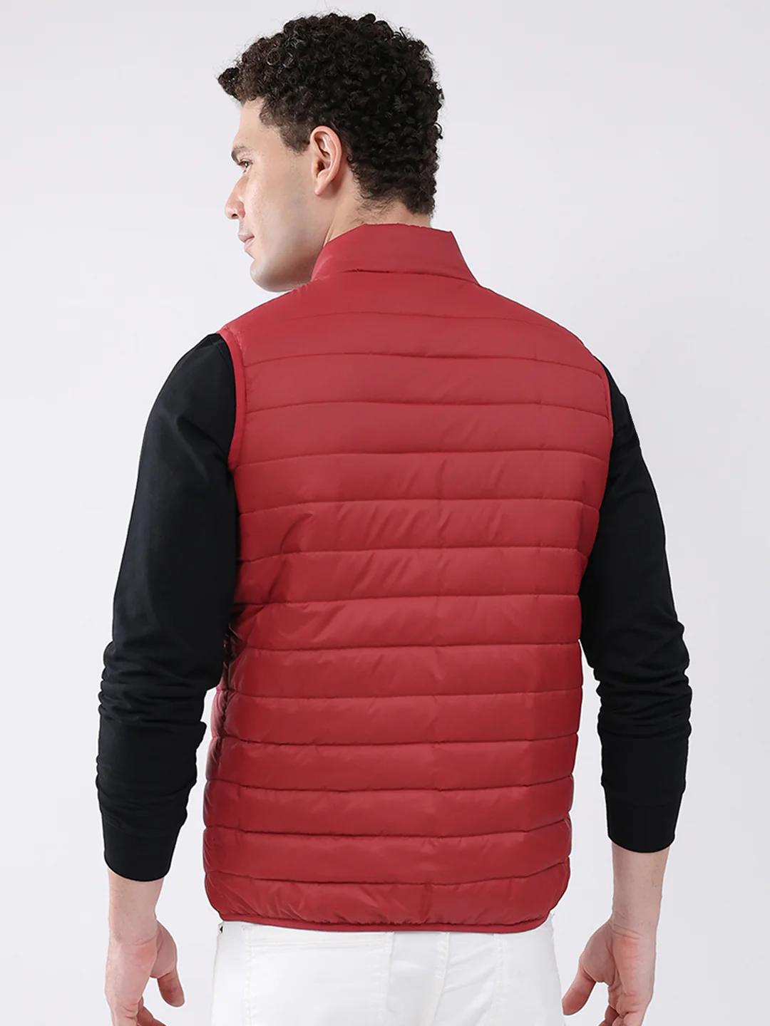 Men Maroon Solid Collar Sleeveless Jacket - Image 5