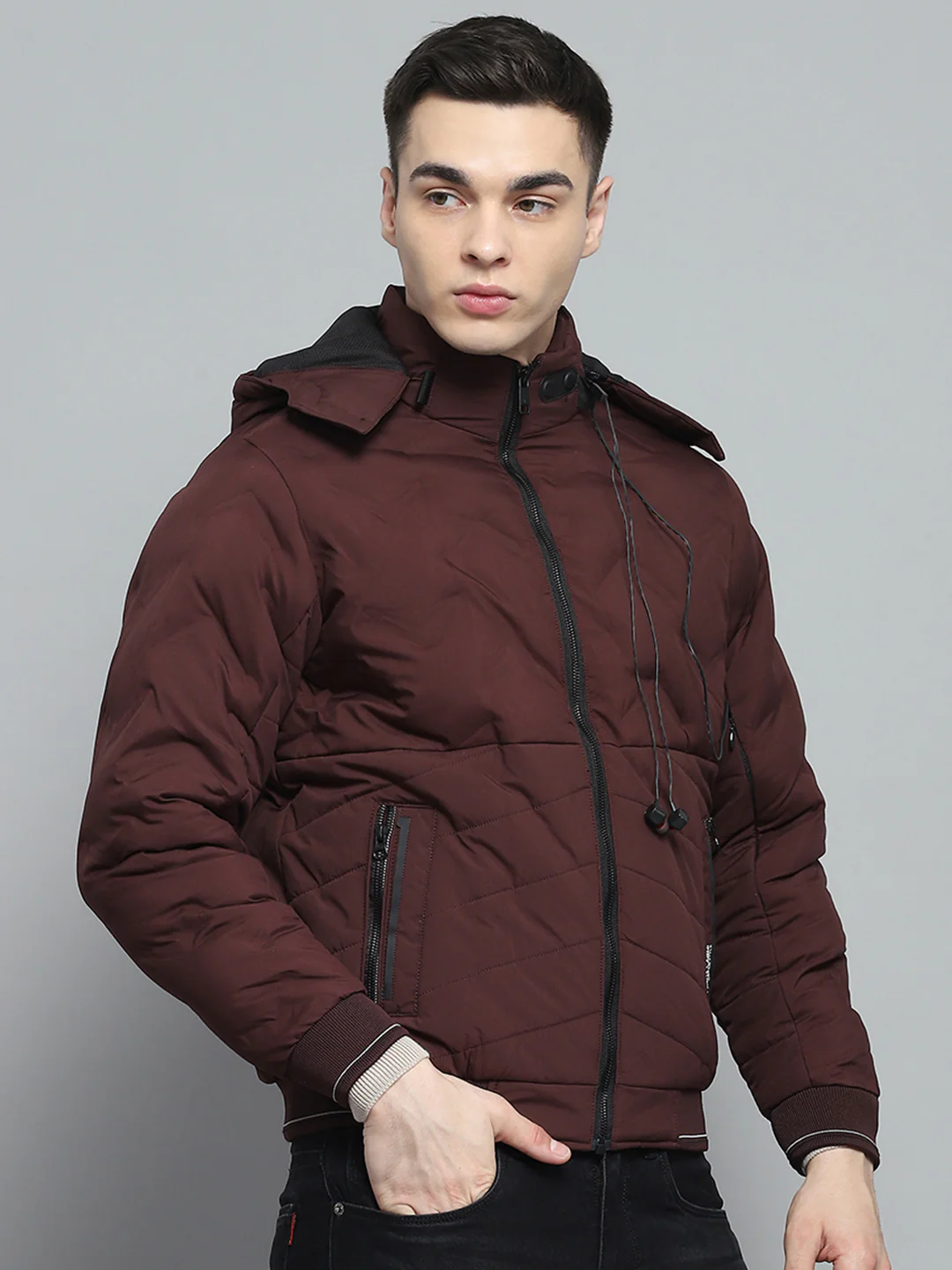 Men Maroon Solid Detachable Hood Full Sleeve Jacket - Image 4