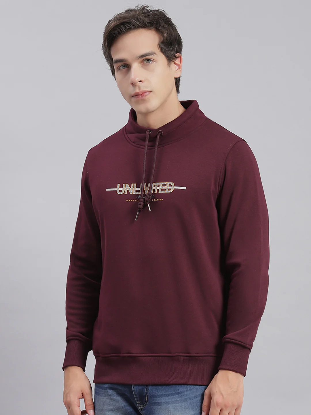 Men Maroon Solid F Neck Full Sleeve Sweatshirts - Image 3