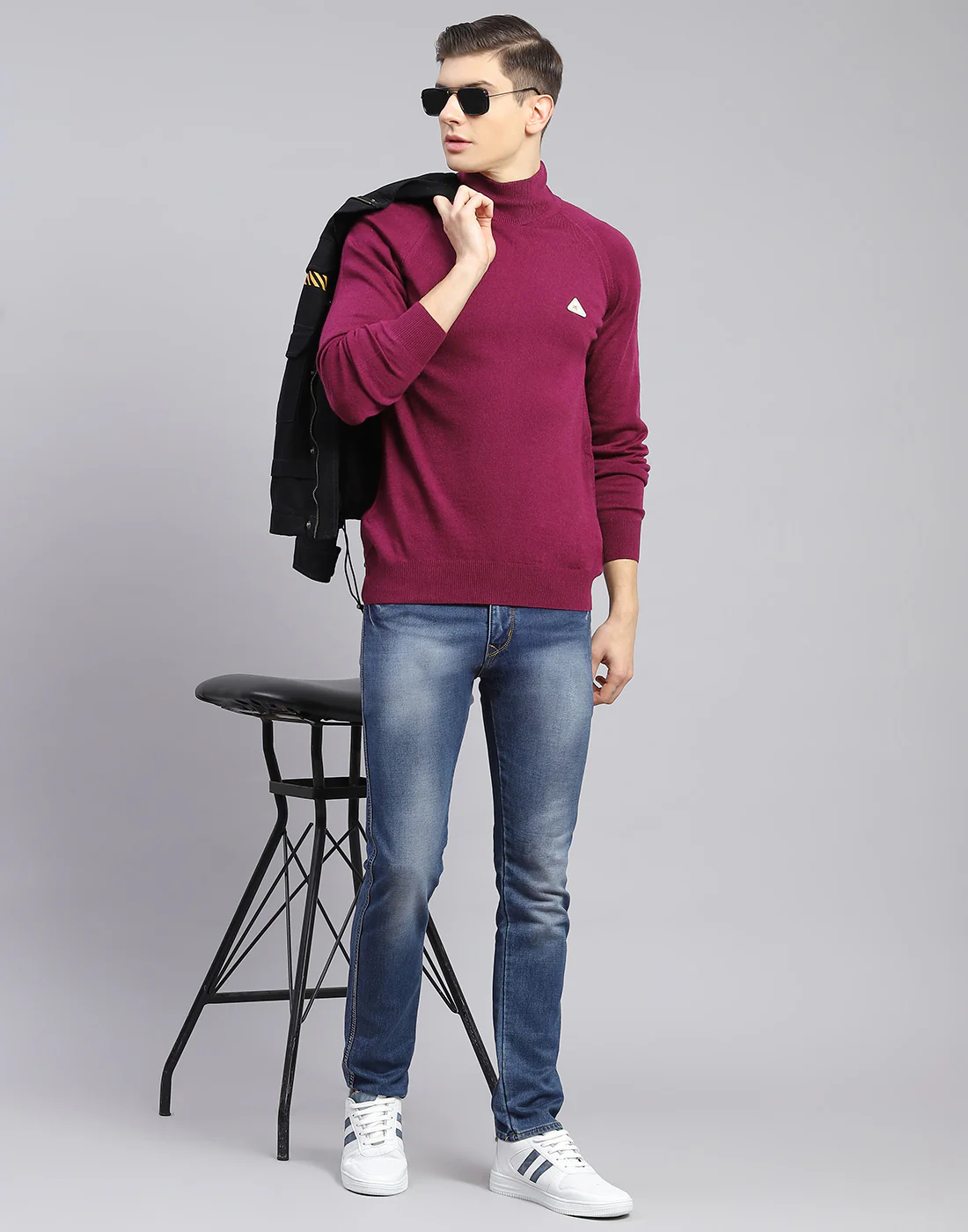 Men Maroon Solid High Neck Full Sleeve Pullover - Image 2