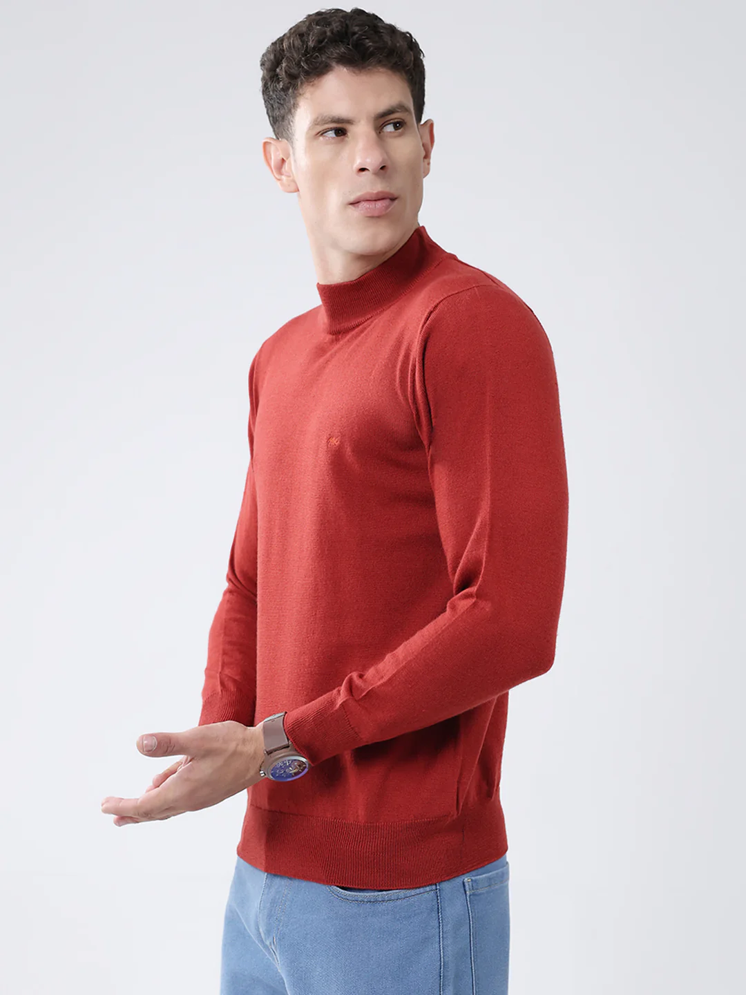 Men Maroon Solid High Neck Full Sleeve Pullover - Image 3