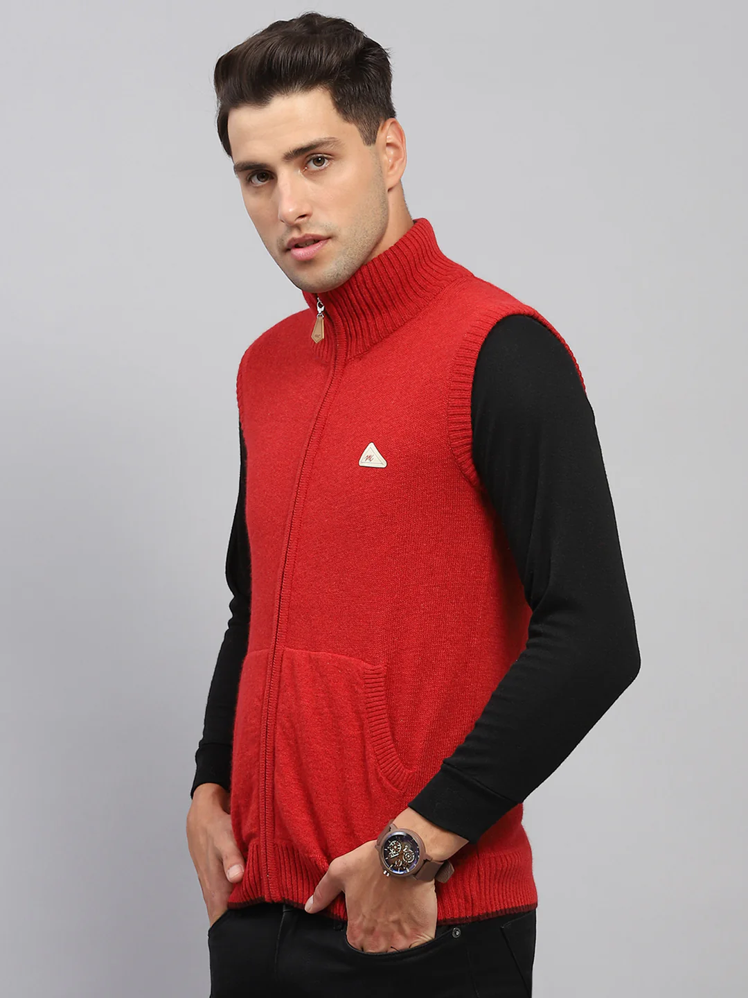 Men Maroon Solid High Neck Sleeveless Sweater - Image 3