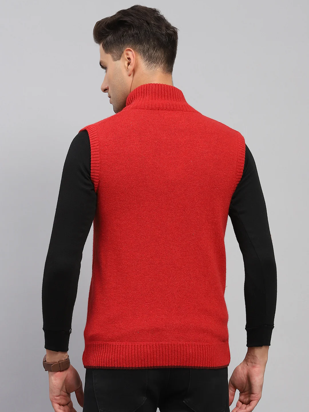 Men Maroon Solid High Neck Sleeveless Sweater - Image 5