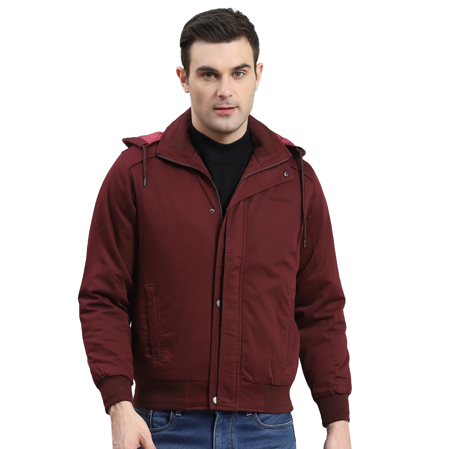 Men Maroon Solid Hooded Full Sleeve Jacket - Image 5