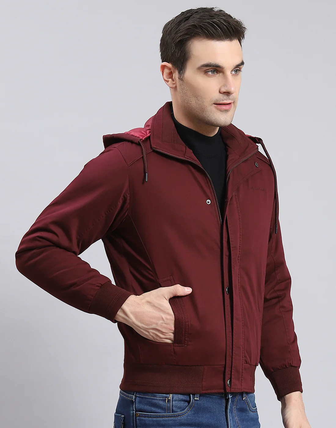 Men Maroon Solid Hooded Full Sleeve Jacket - Image 6