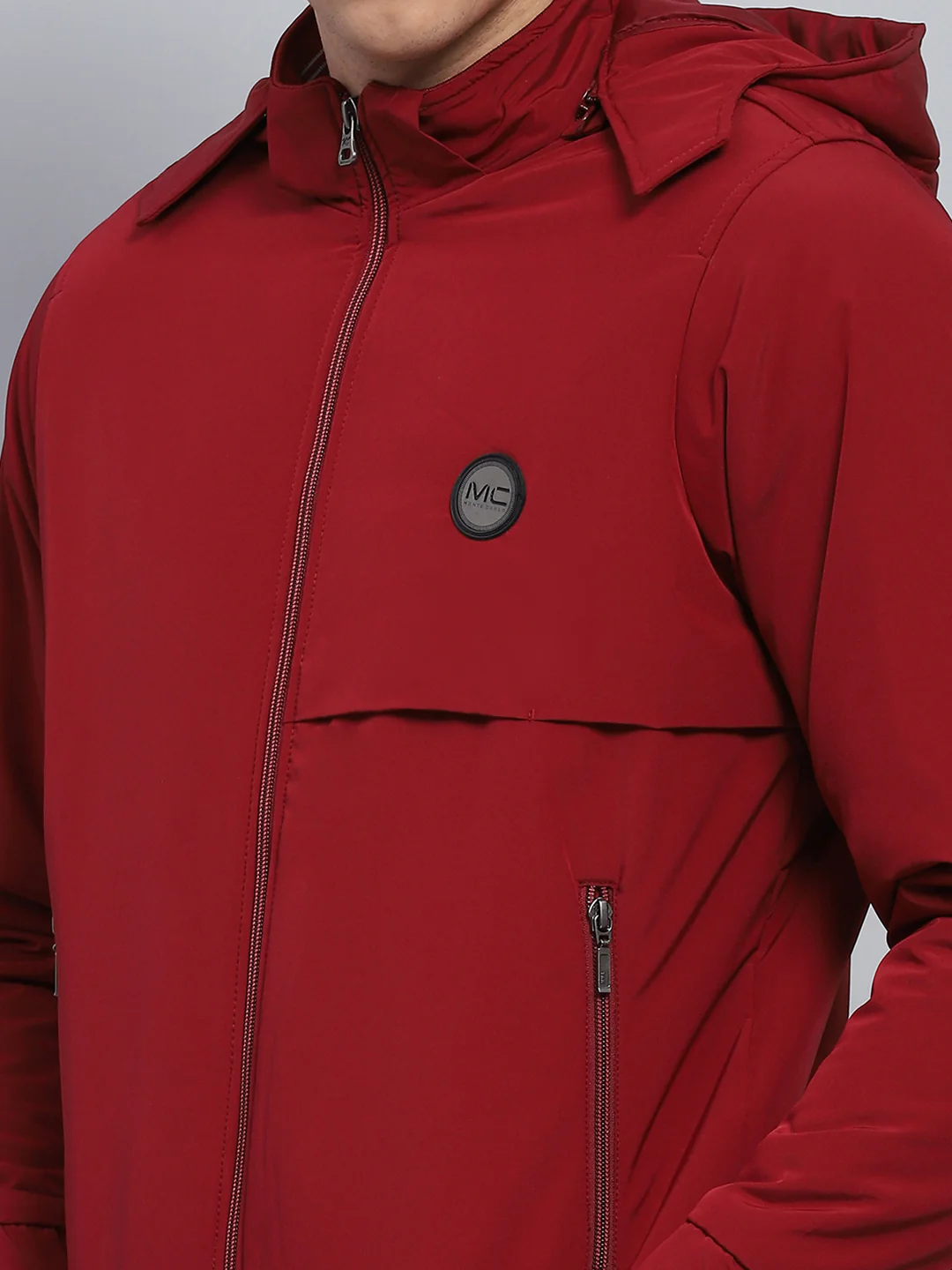 Men Maroon Solid Hooded Full Sleeve Jacket - Image 6