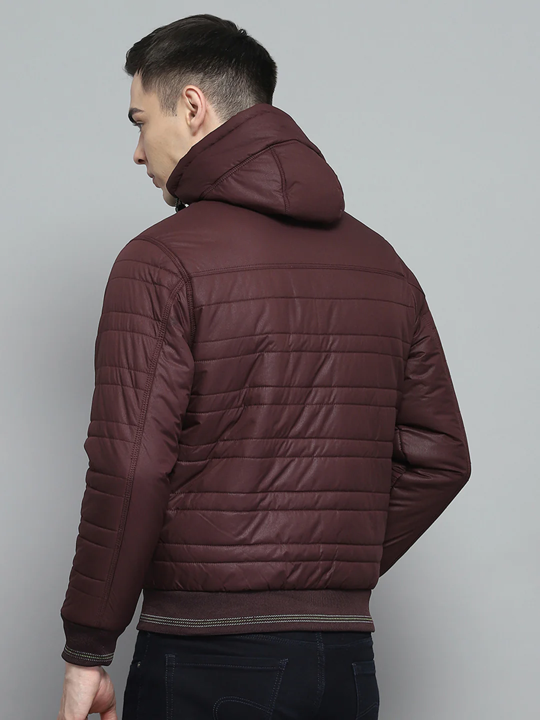 Men Maroon Solid Hooded Full Sleeve Jacket - Image 5