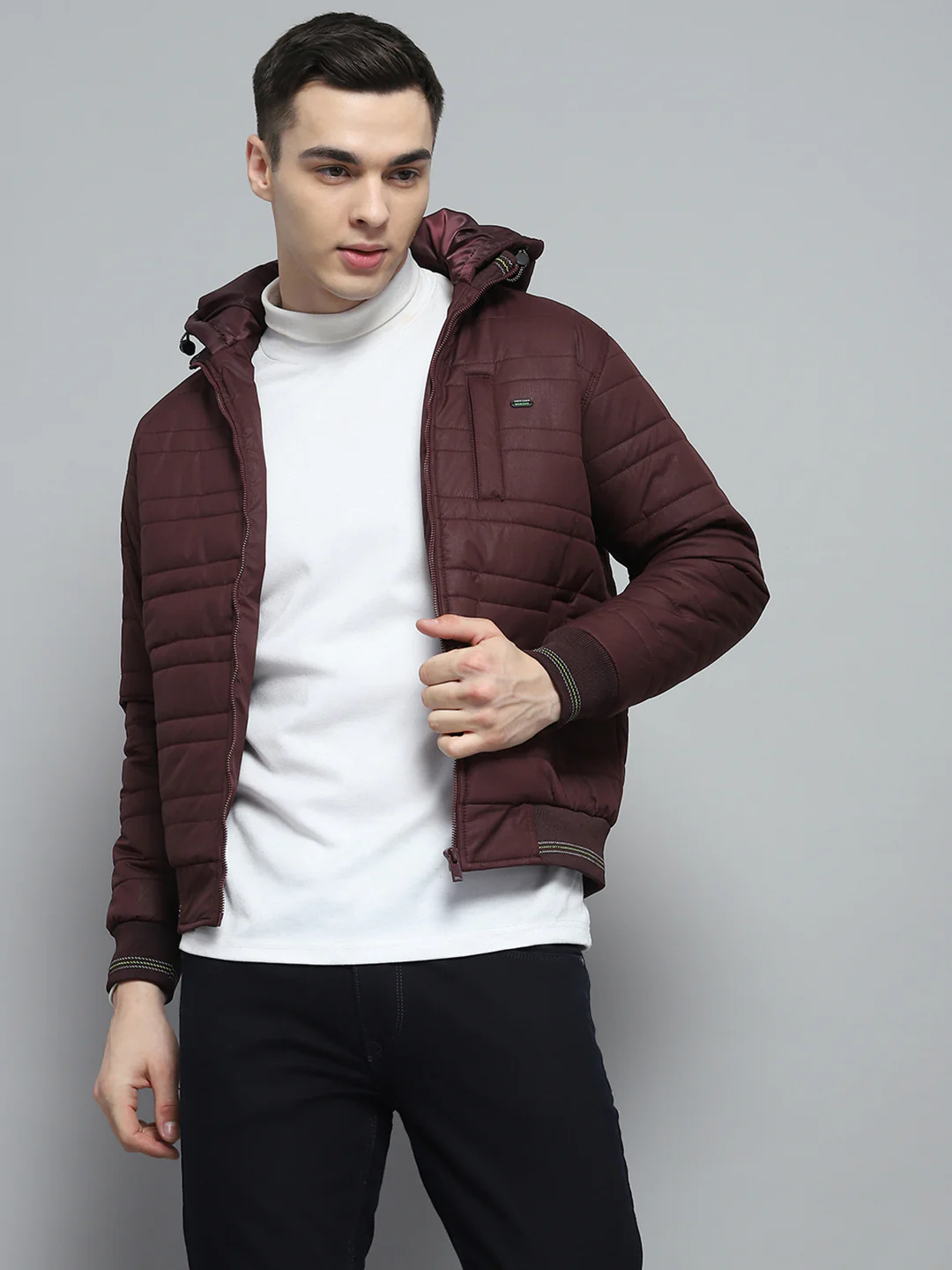 Men Maroon Solid Hooded Full Sleeve Jacket - Image 6