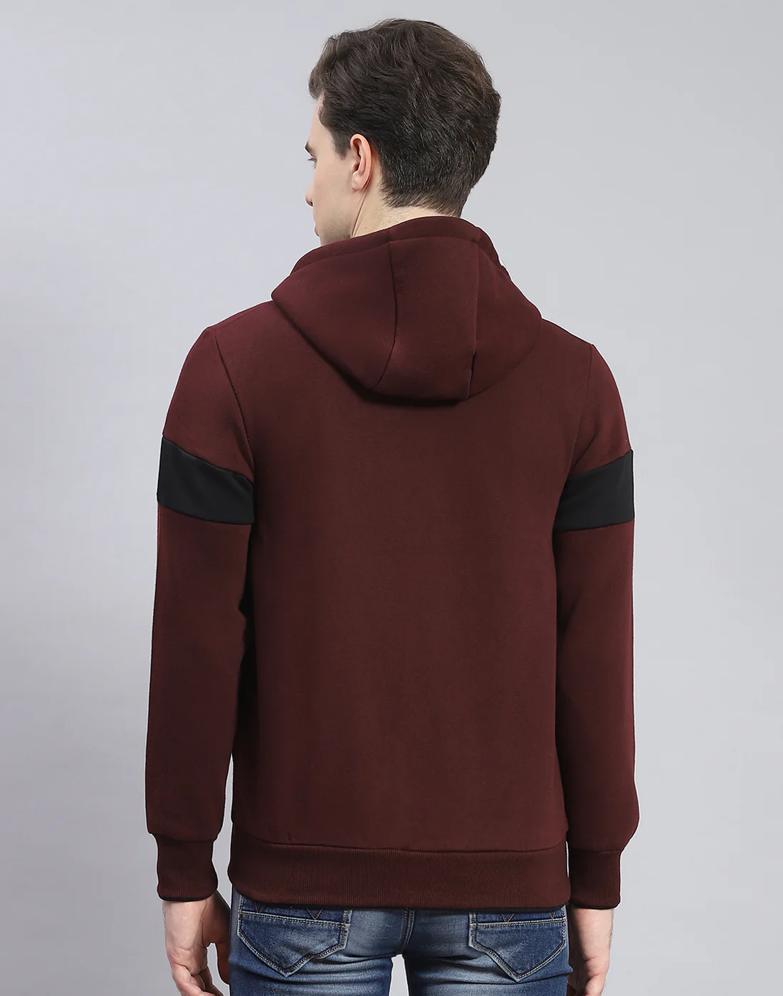 Men Maroon Solid Hooded Full Sleeve Sweatshirt - Image 5