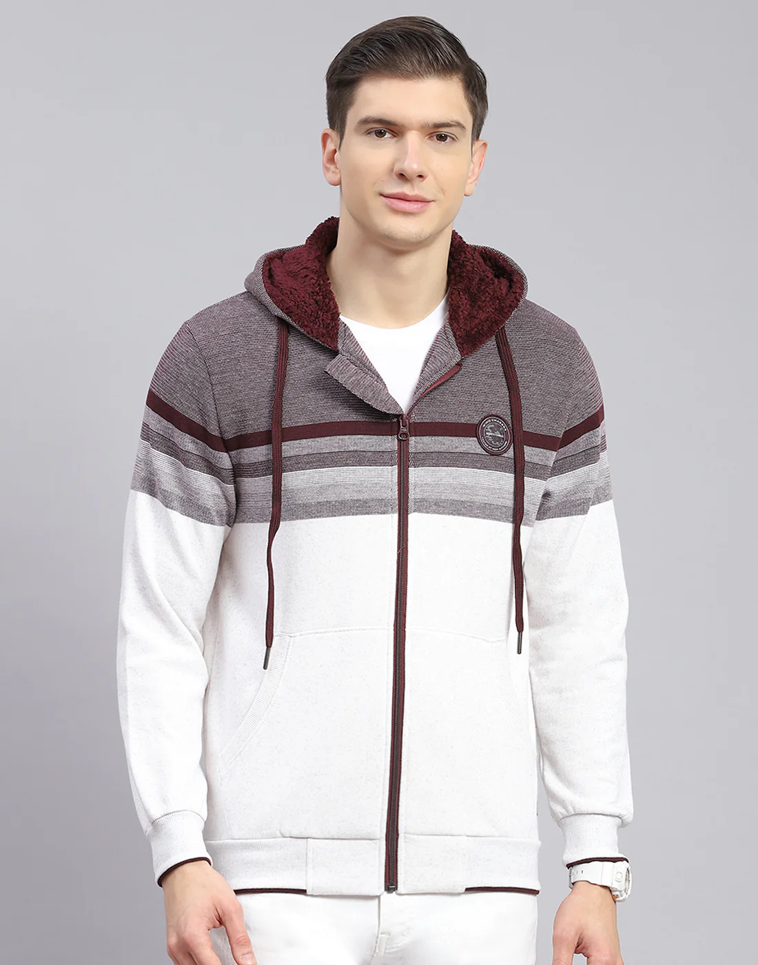 Men Maroon Solid Hooded Full Sleeve Sweatshirt - Image 3