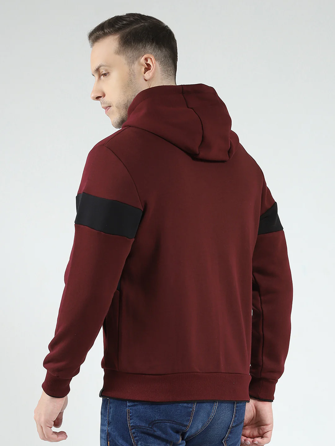 Men Maroon Solid Hooded Full Sleeve Sweatshirt - Image 5